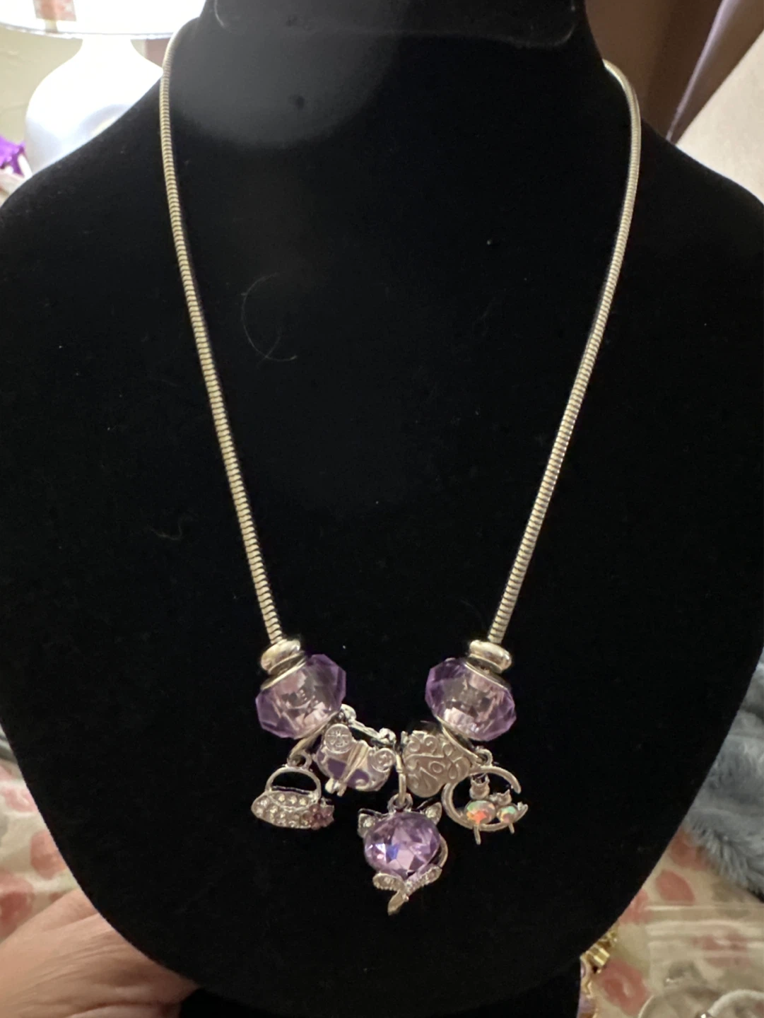 Silver Charm Necklace with Purple Accents