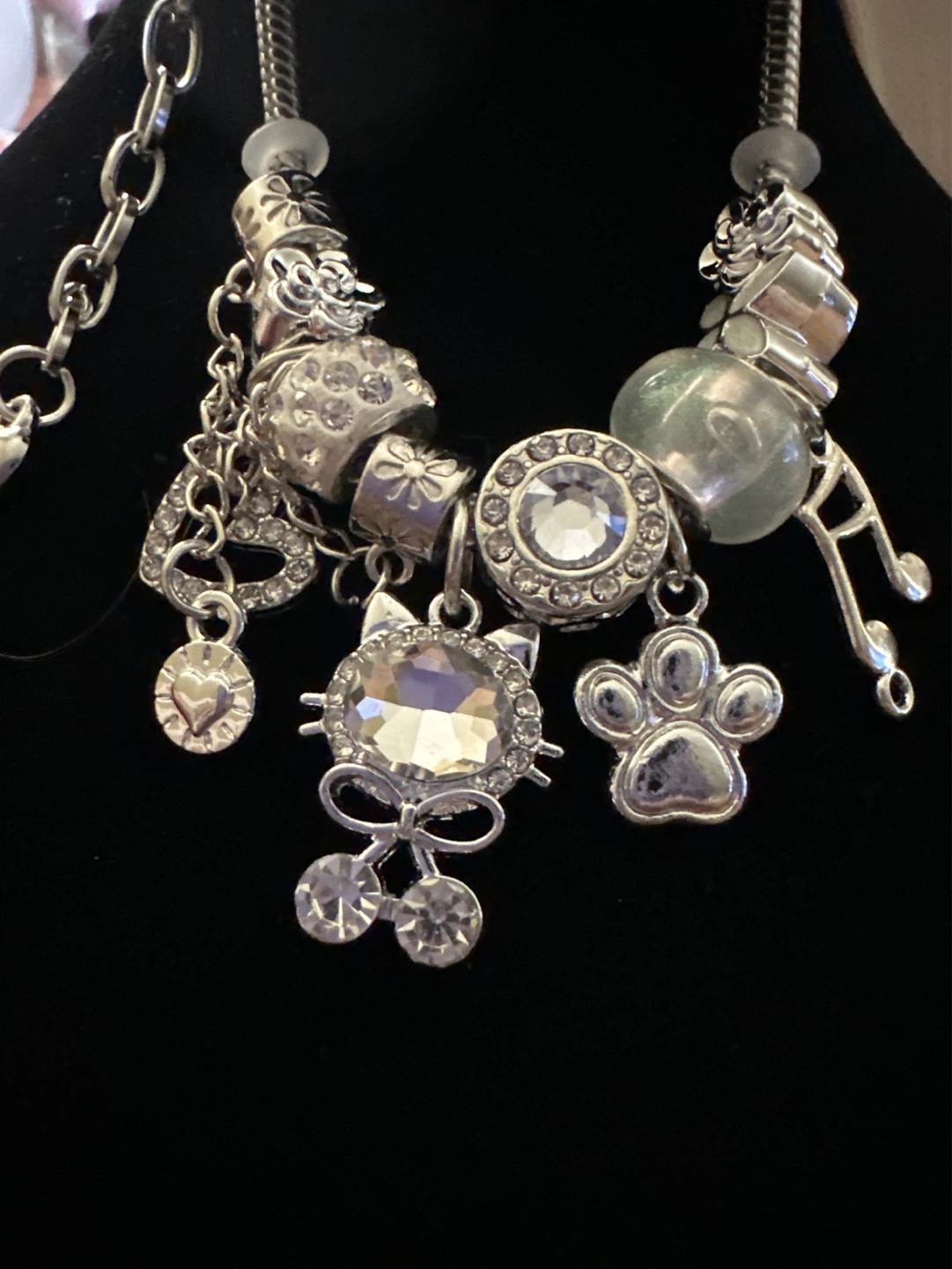 Silver Charm Bracelet with Cat, Paw Print, and Heart Charms - photo 2