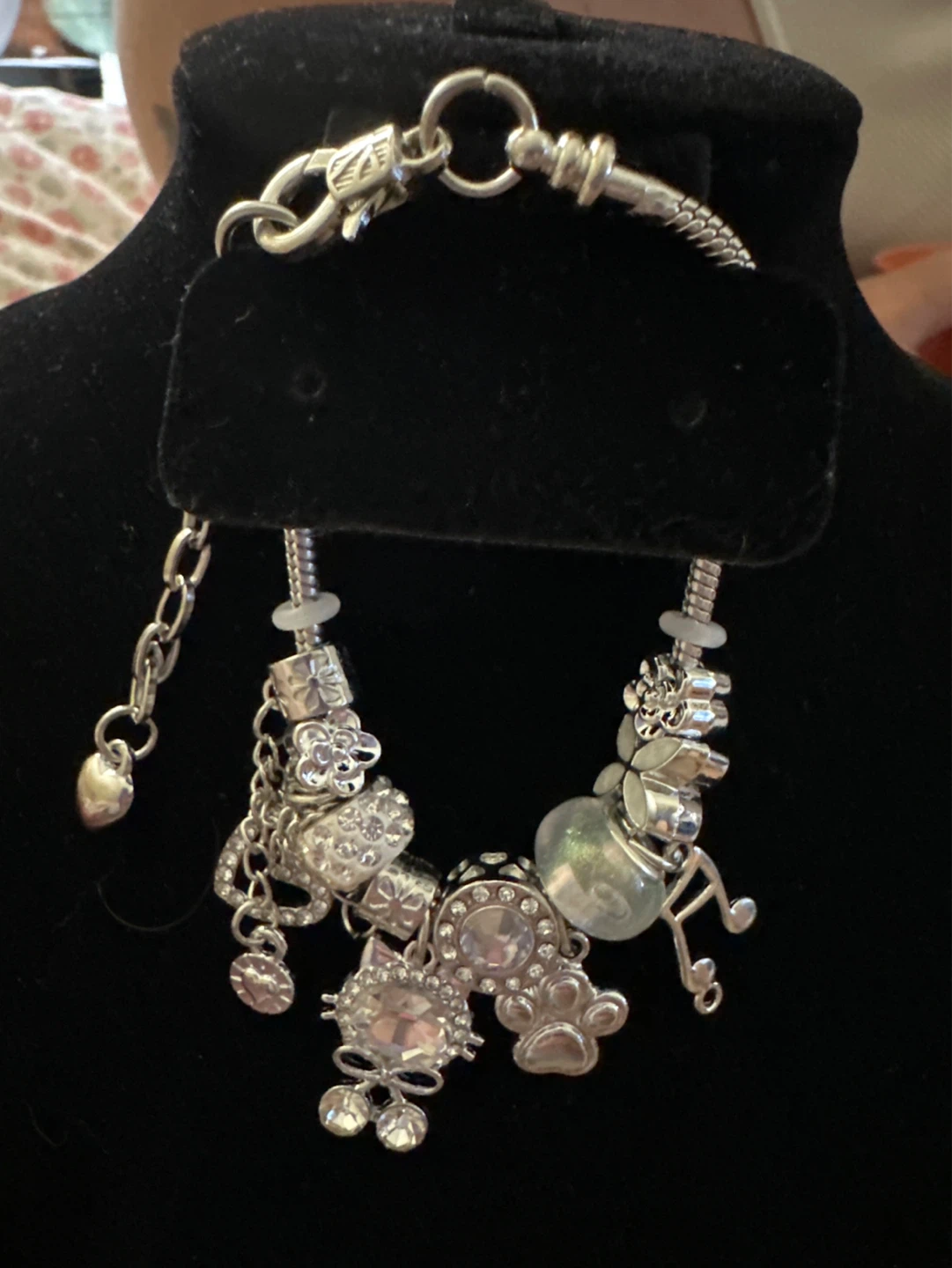Silver Charm Bracelet with Cat, Paw Print, and Heart Charms