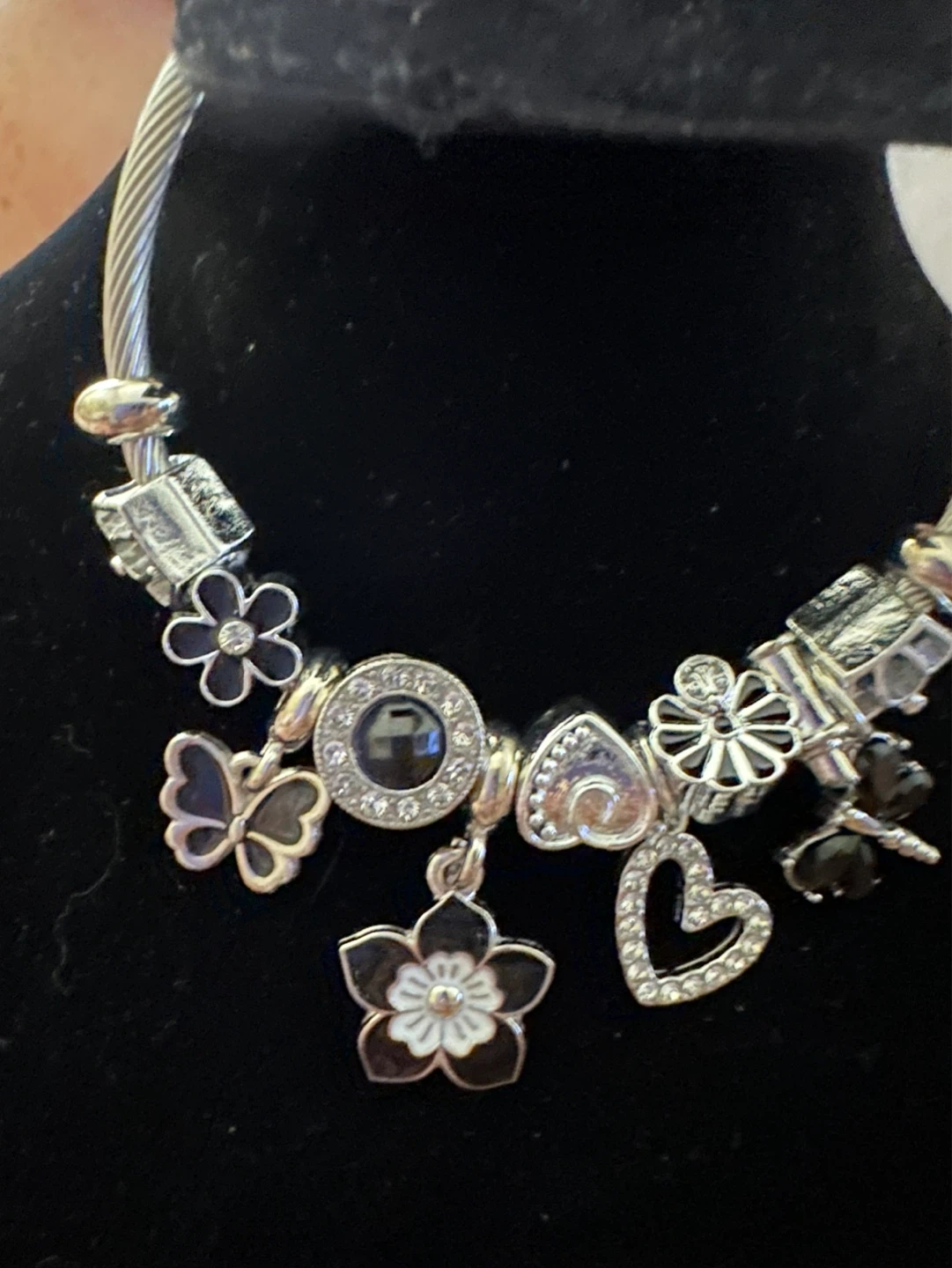 Charm Bangle Bracelet with Hearts and Flowers