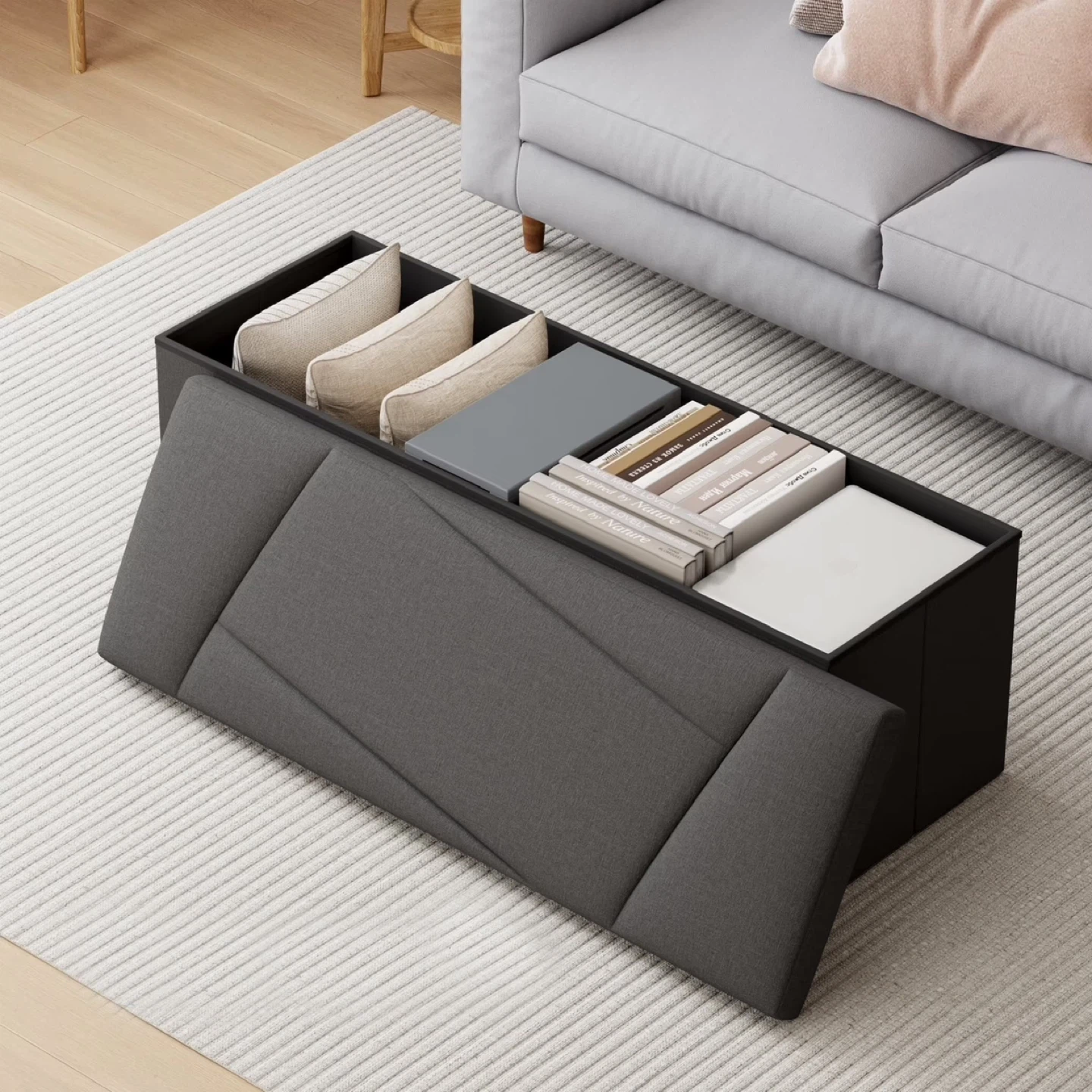 Dark Gray Upholstered Storage Ottoman Bench