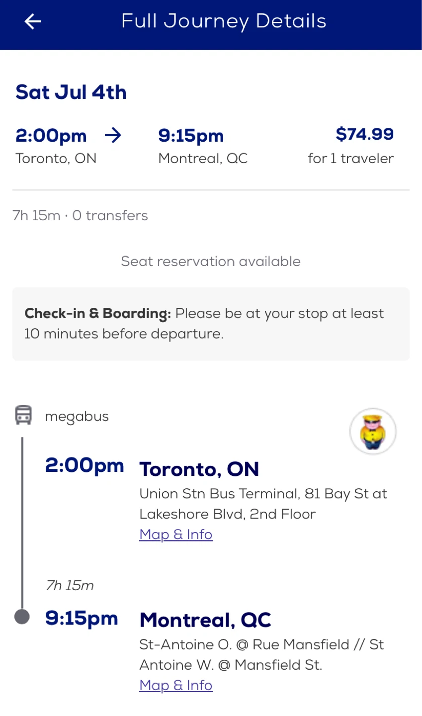 Megabus Ticket: Toronto to Montreal - July 4th