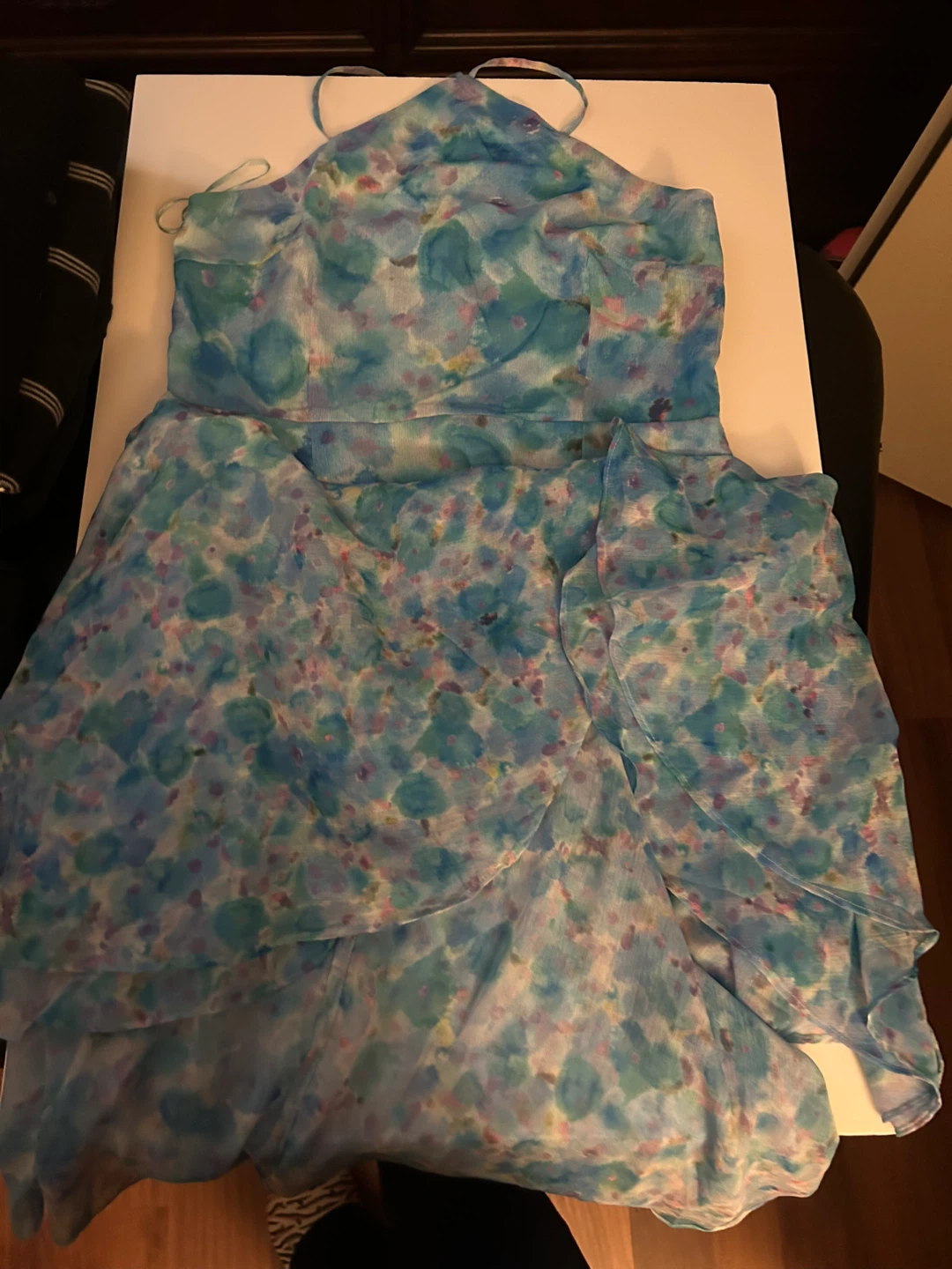 Blue floral print halter neck dress