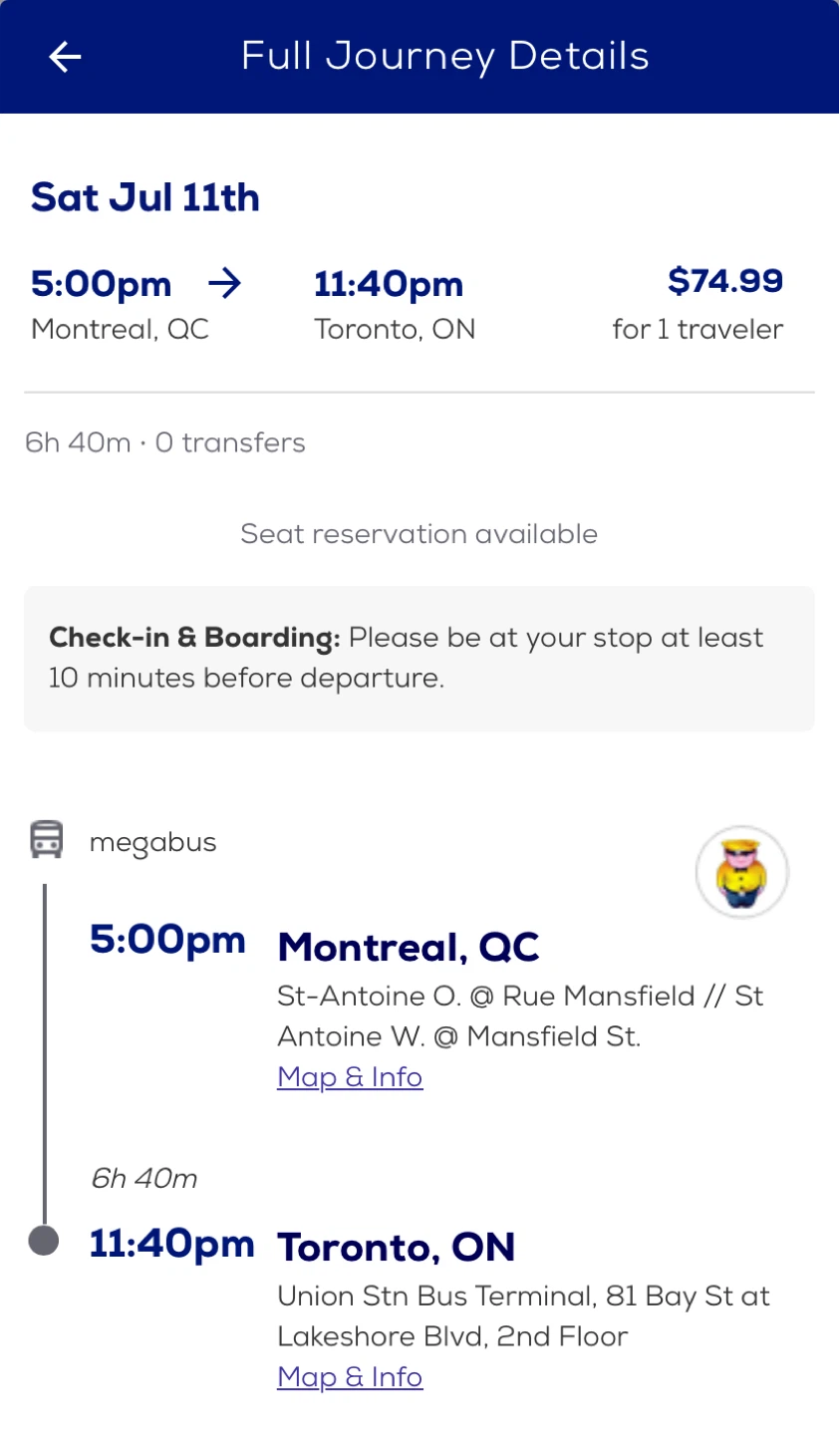 Megabus Ticket: Montreal to Toronto - July 11th