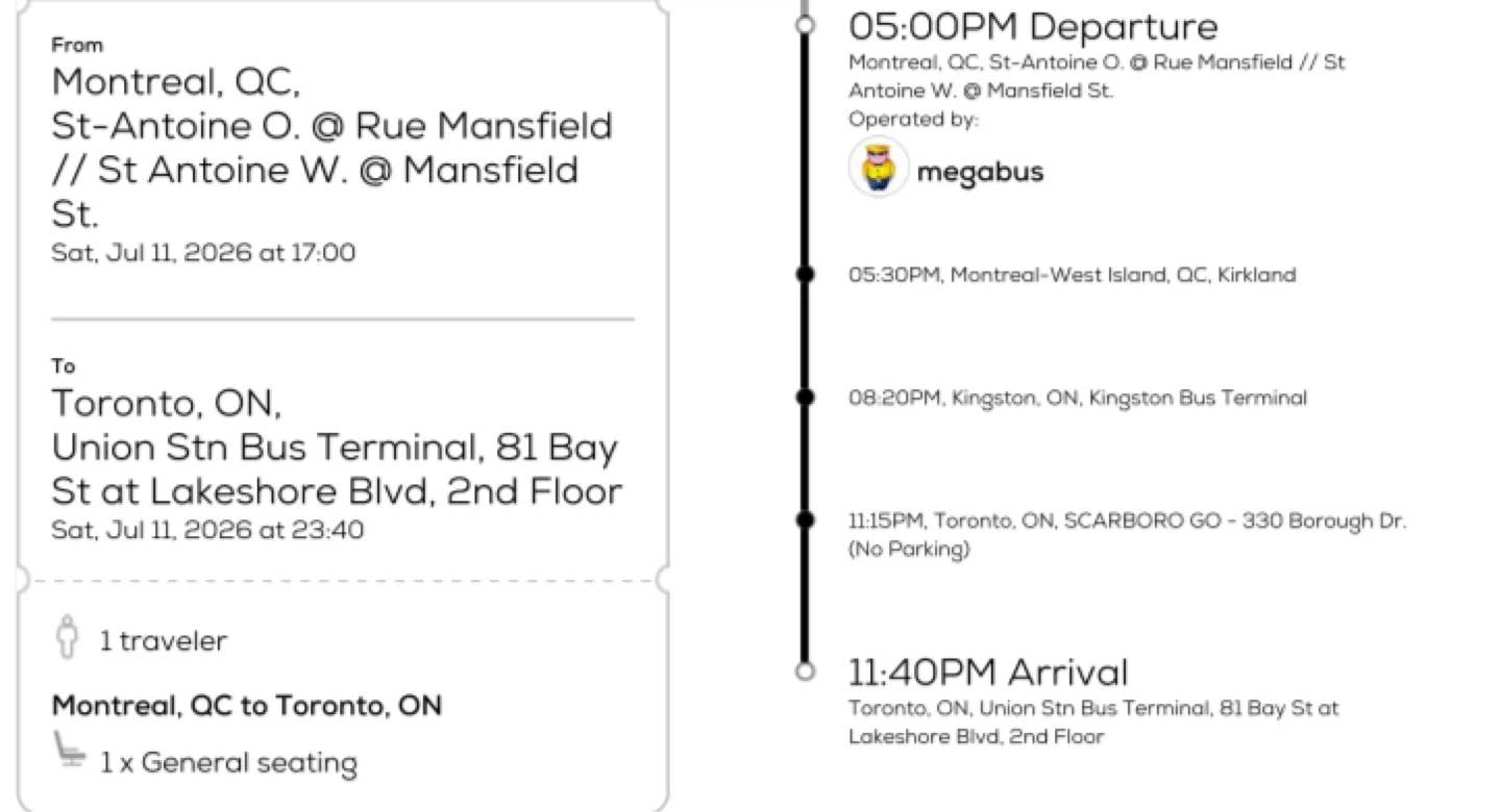 Megabus Ticket: Montreal to Toronto - July 11th - photo 2