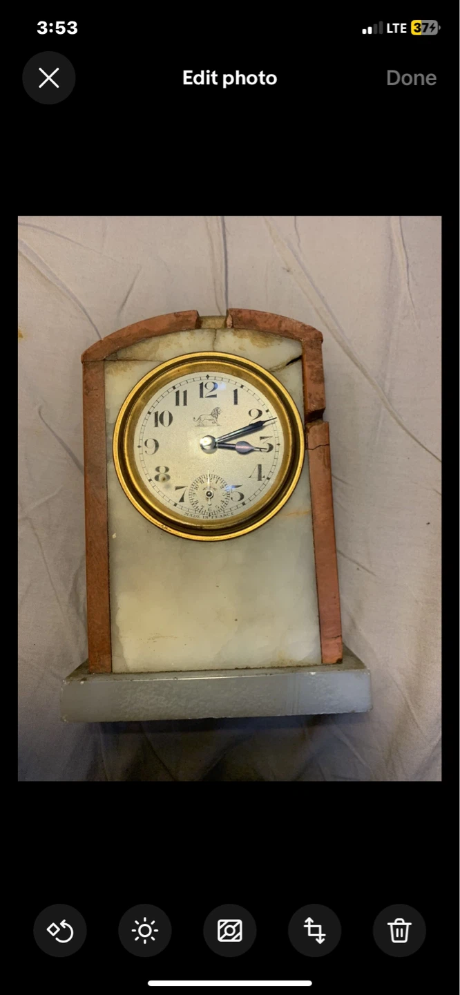 Antique French Mantel Clock white and brown Marble