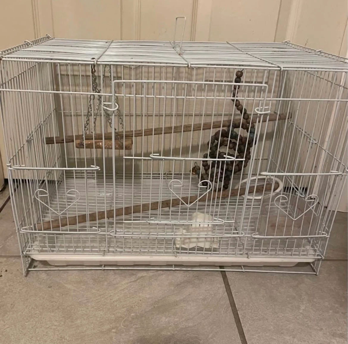 White Bird Cage with Perches and Toy