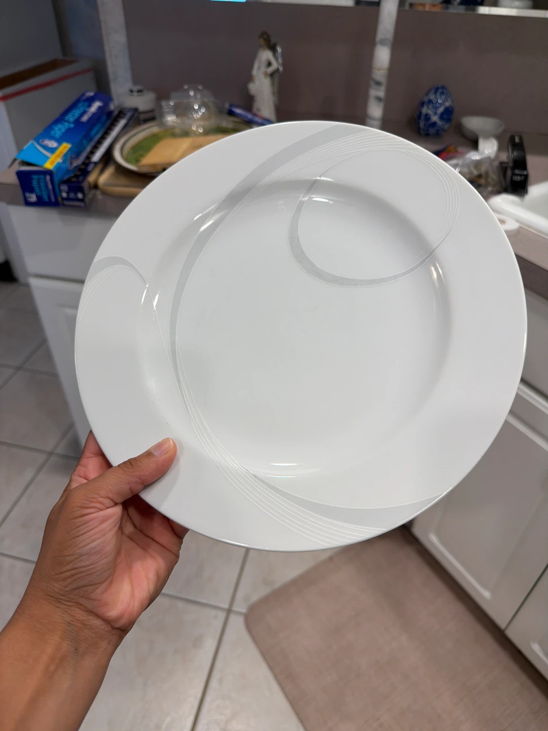 White Dinner Plate with Gray Swirl Design