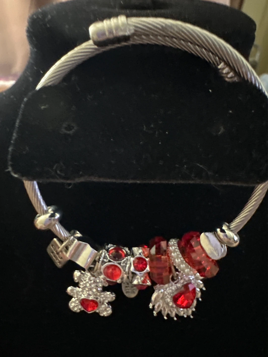 Silver Tone Charm Bracelet with Red Gems
