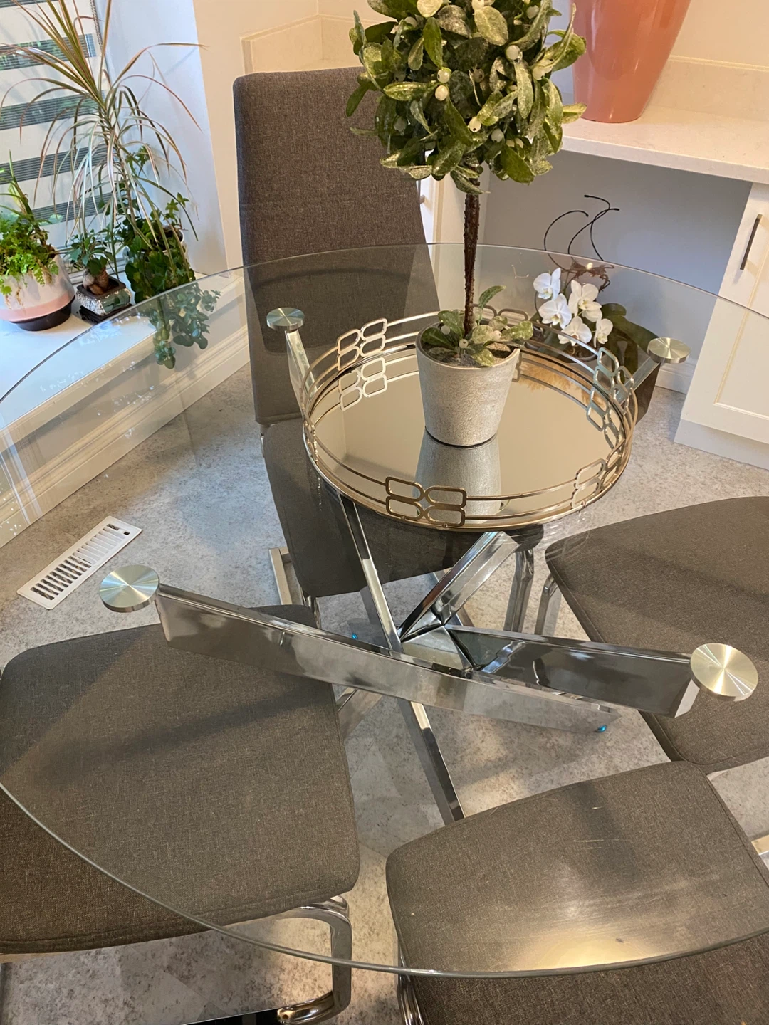 Glass Dining Table with 4 Grey Chairs