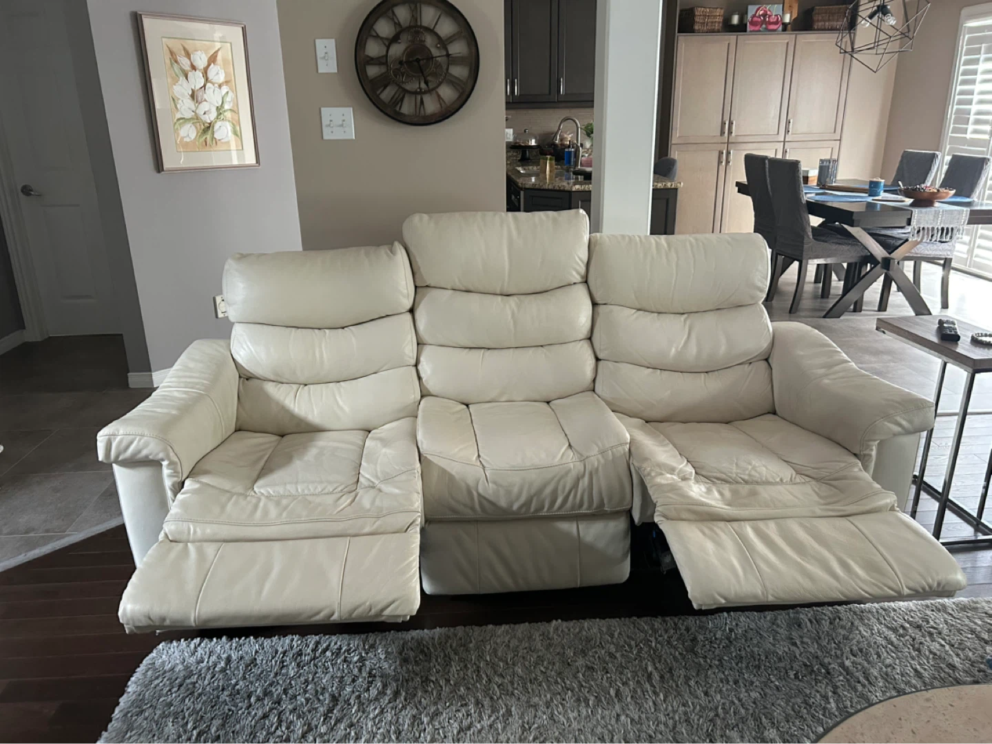 Cream Leather Reclining Sofa