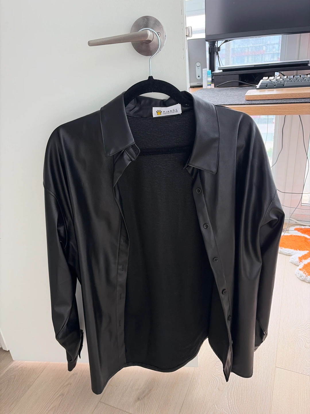 Black Faux Leather Button-Up Shirt