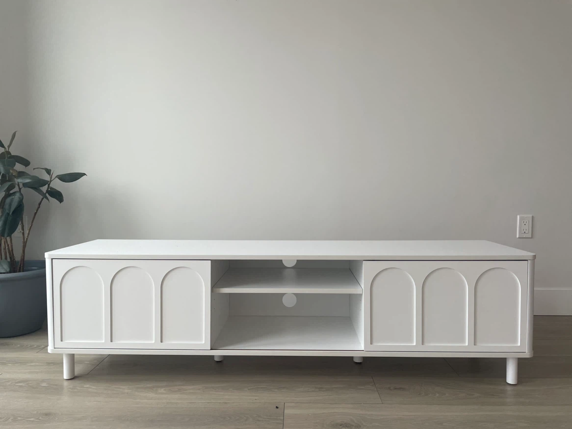 White TV Stand with Arched Cabinet Doors