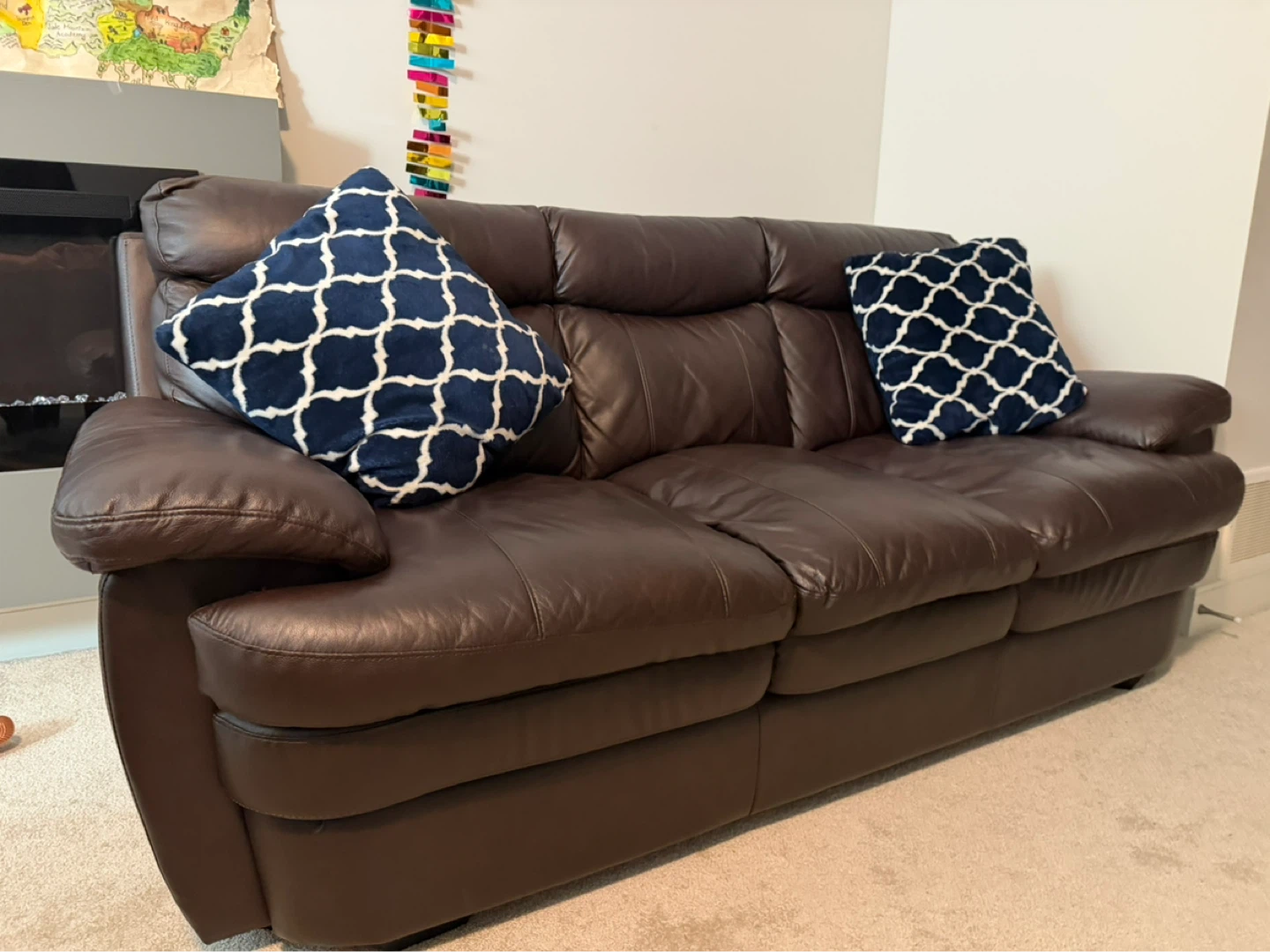 (Moving sale) Bricks Brown Leather 3-Seater Couch with Pillows