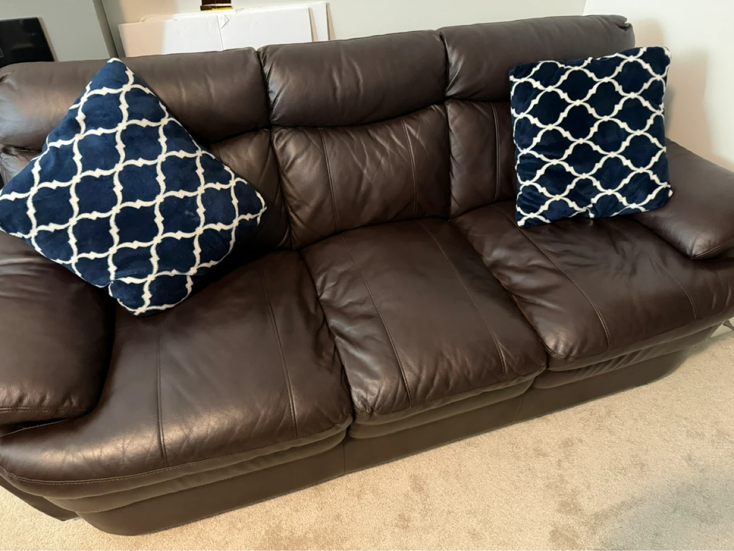 (Moving sale) Bricks Brown Leather 3-Seater Couch with Pillows - photo 2