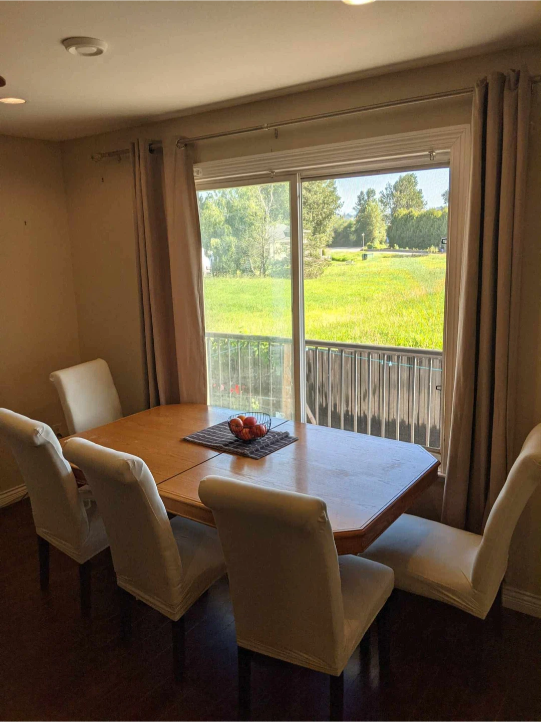 Wooden dining table set with 6 upholstered chairs