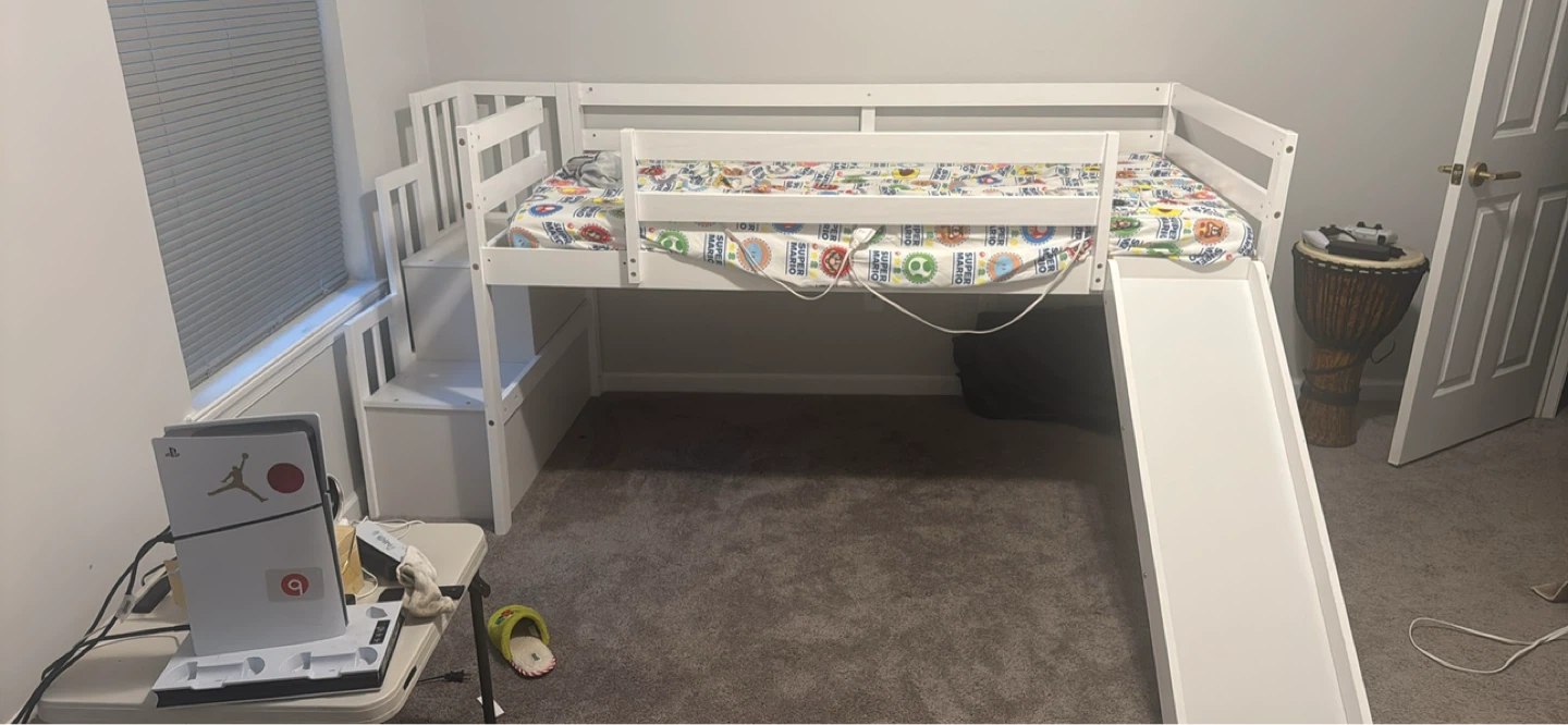 White Twin Loft Bed with Slide and Stairs