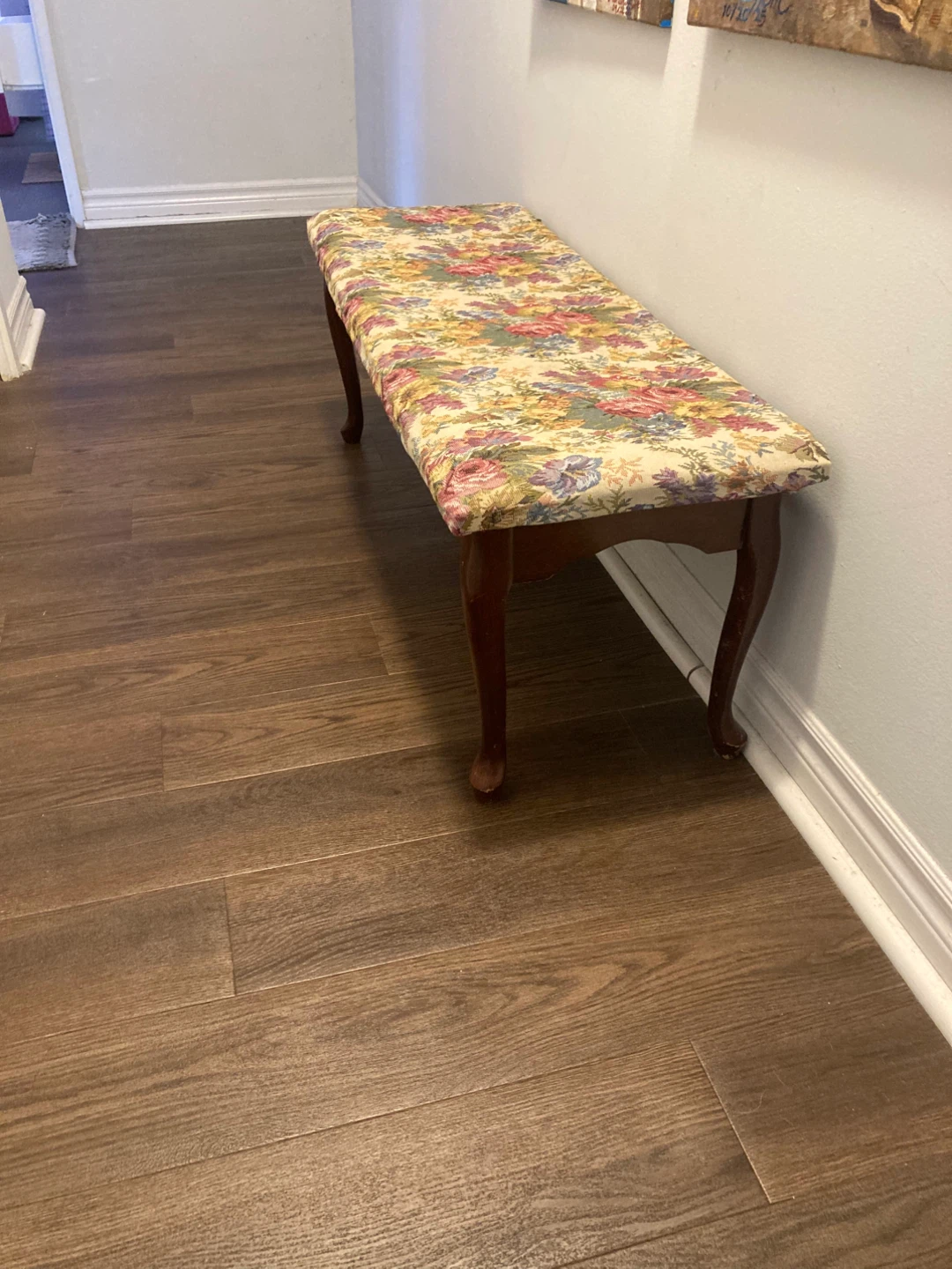 Floral Upholstered Bench with Wooden Legs