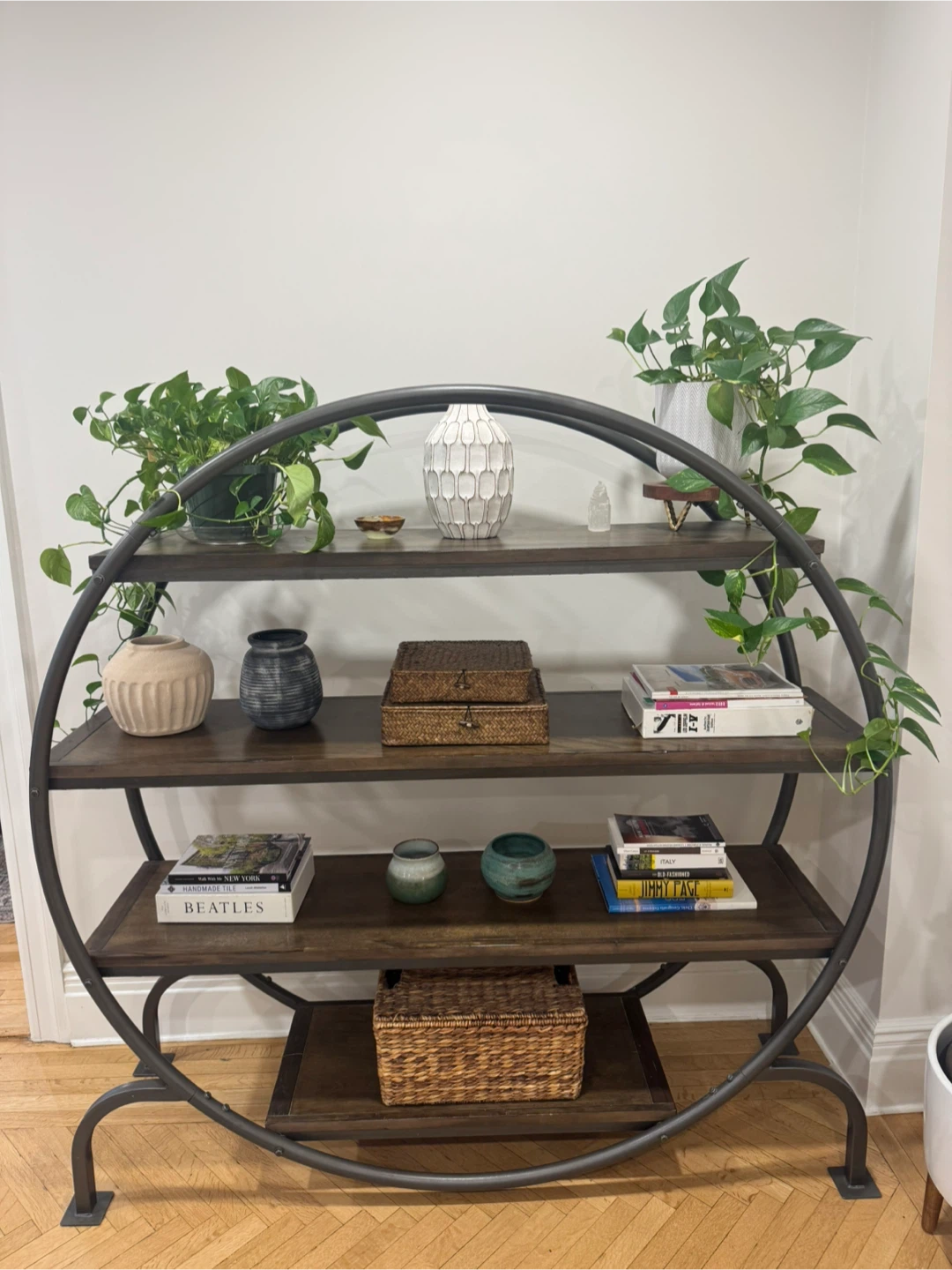 Circular Metal Bookshelf with Wood Shelves