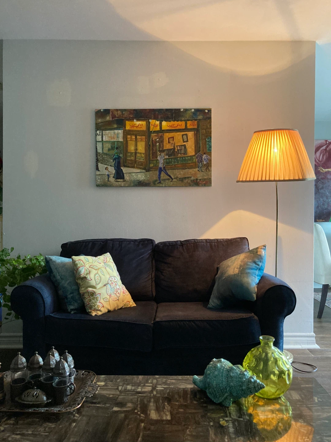 Dark Blue Sofa with Decorative Pillows