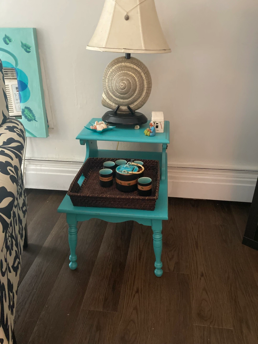 Turquoise Tiered Accent Table with Wicker Tray