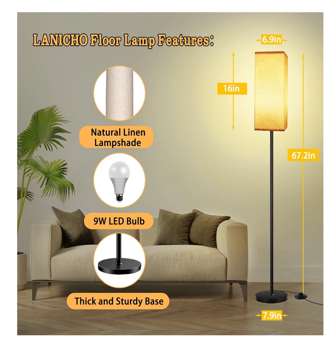 Floor Lamp - 67" Tall Standing Lamp with Linen Shade - photo 4