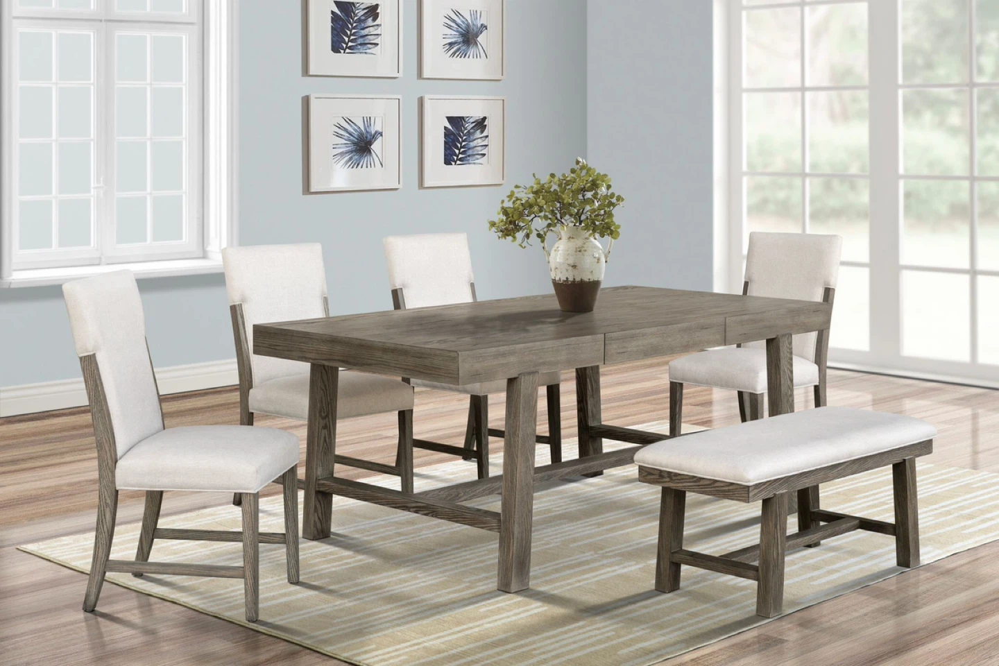 Gray Wood Dining Table Set with 4 Chairs and Bench