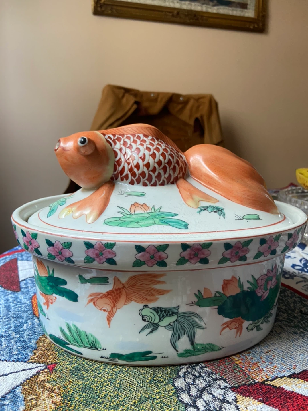 Asian Koi Design Painted Casserole Serving Dish Golden Fish