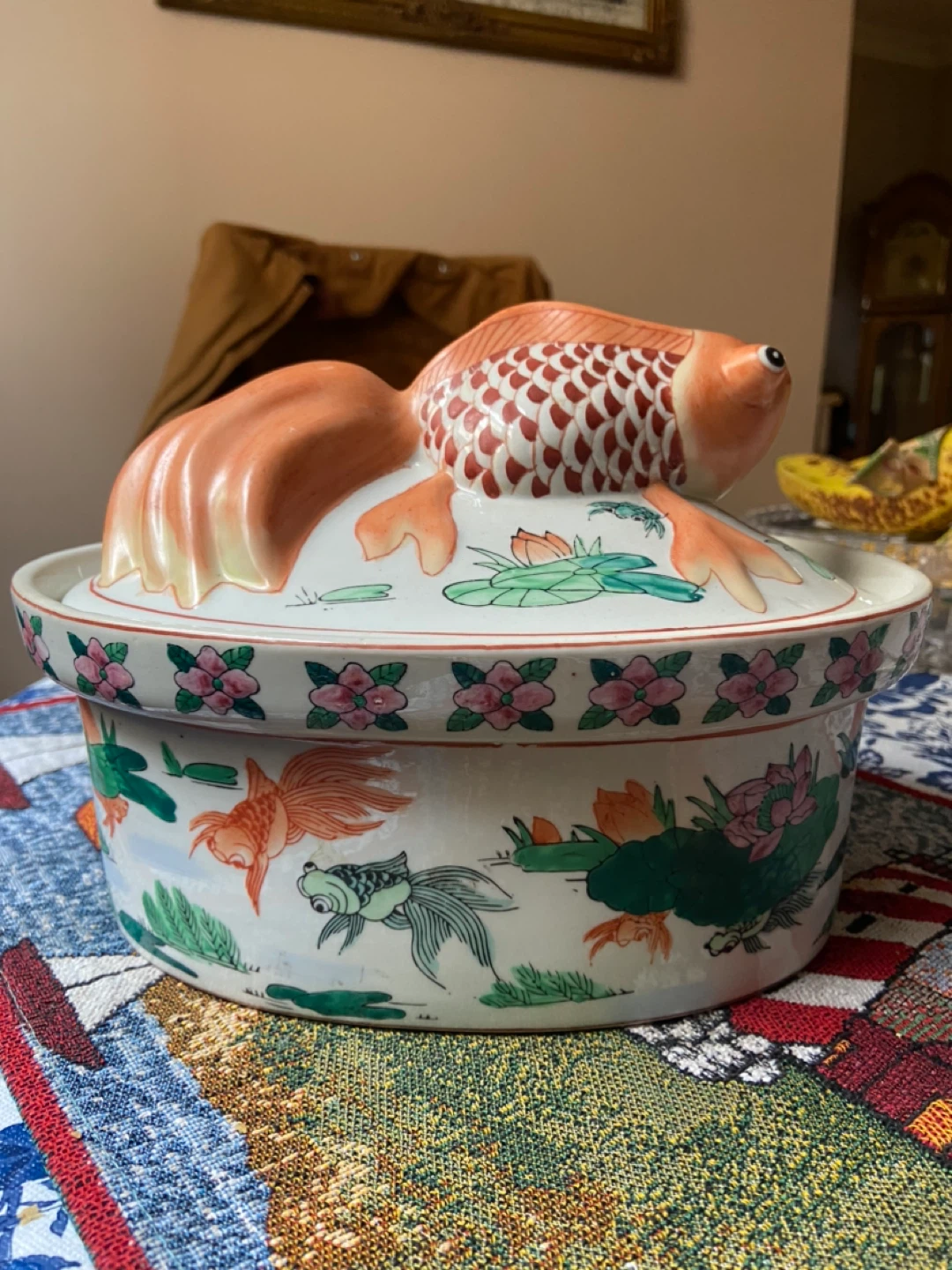 Asian Koi Design Painted Casserole Serving Dish Golden Fish - photo 3