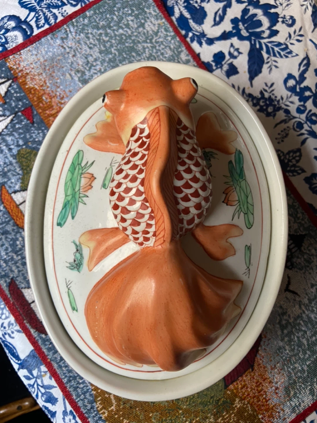 Asian Koi Design Painted Casserole Serving Dish Golden Fish - photo 5