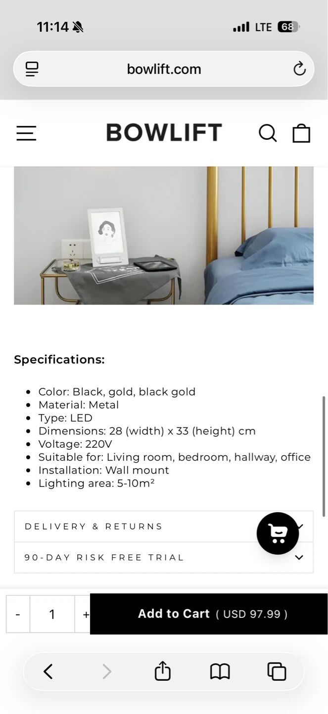 BowLift LED Wall Lamp - Black/Gold - photo 2