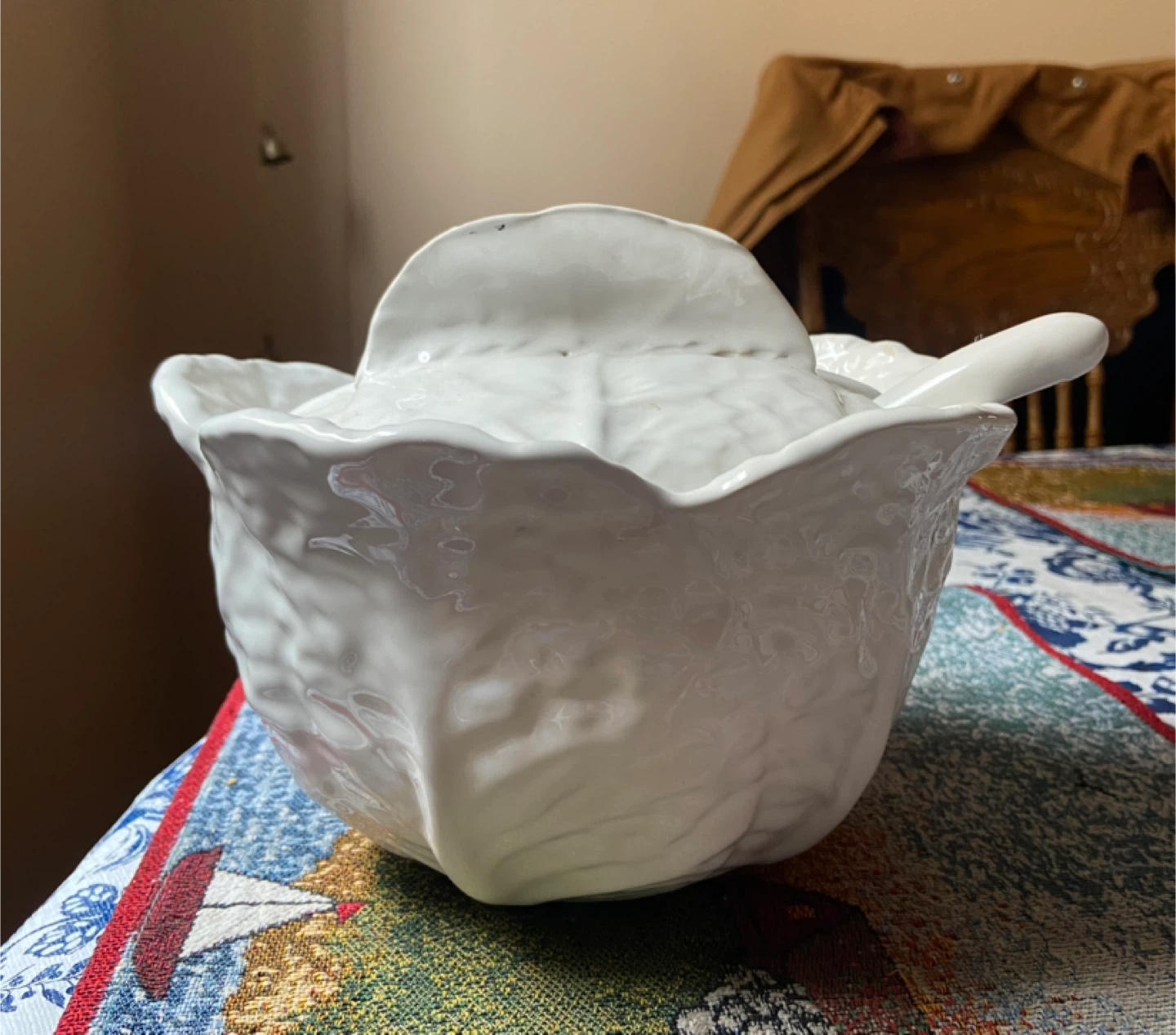 White Cabbage Serving Bowl with Lid and Spoon