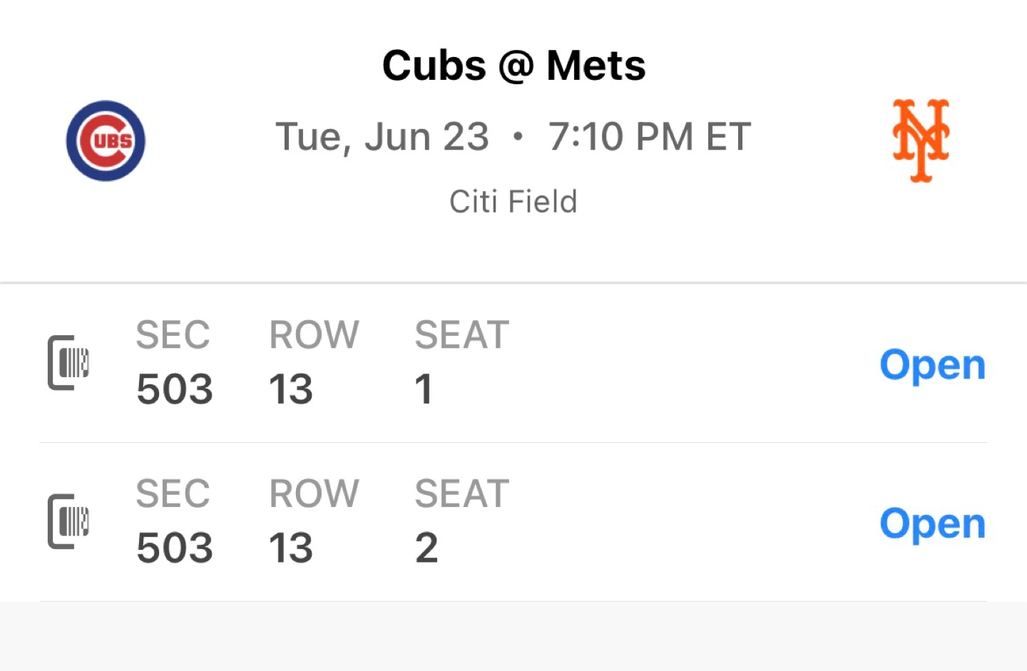Cubs @ Mets Tickets - June 23