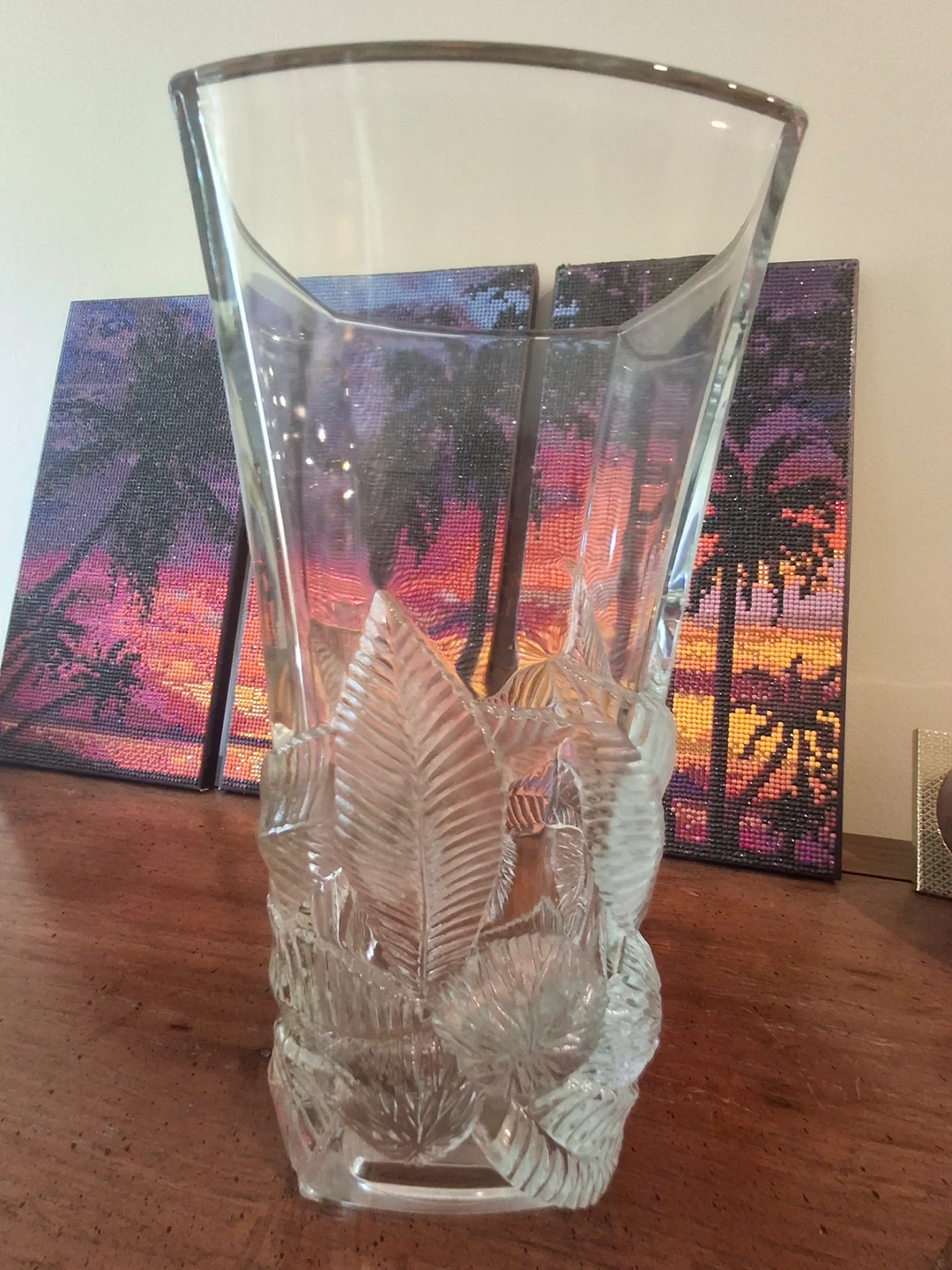 Clear glass embossed leaf vase