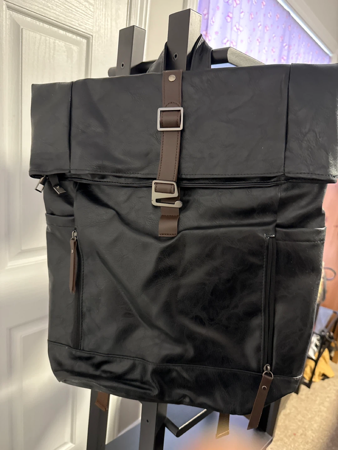 Black Faux Leather Roll-Top Backpack
