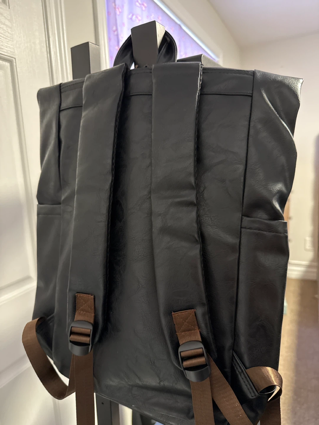 Black Faux Leather Roll-Top Backpack - photo 2