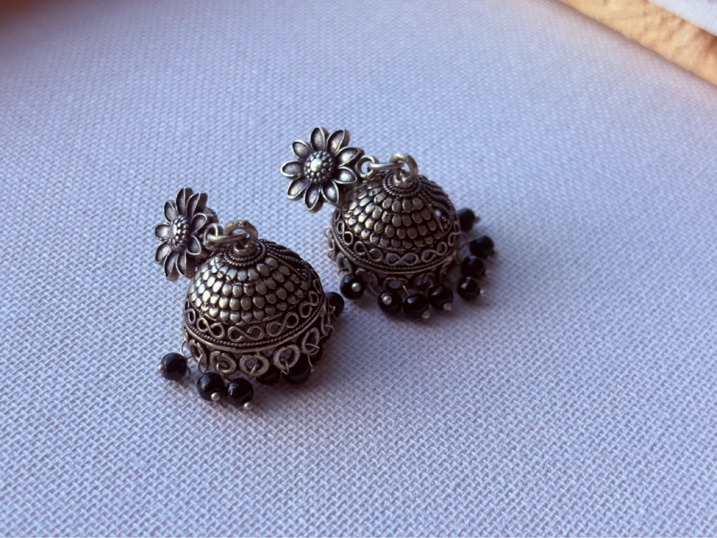 Silver Jhumka Earrings with Black Beads - photo 2