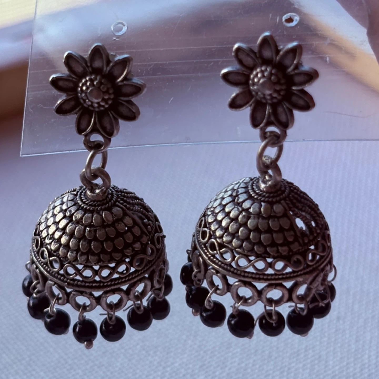Silver Jhumka Earrings with Black Beads