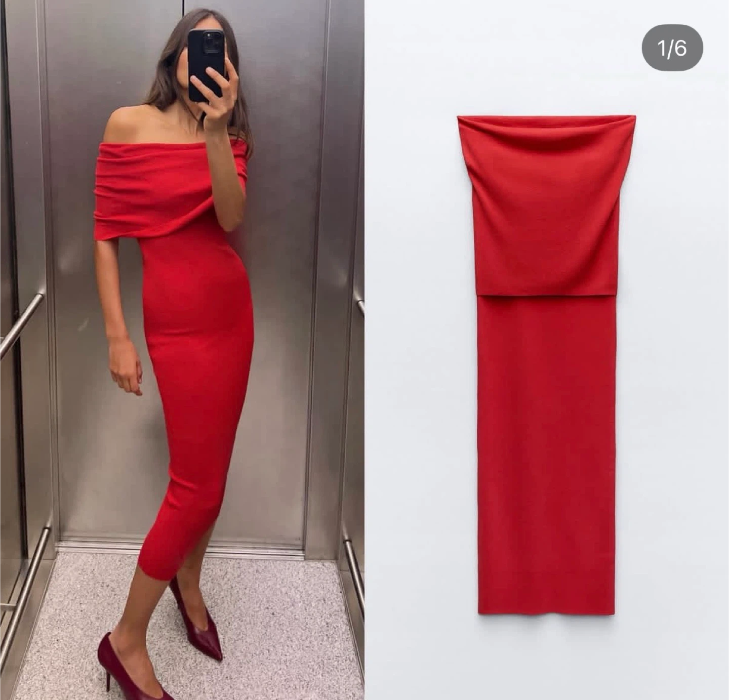 ZARA Red Off-the-Shoulder Maxi Dress