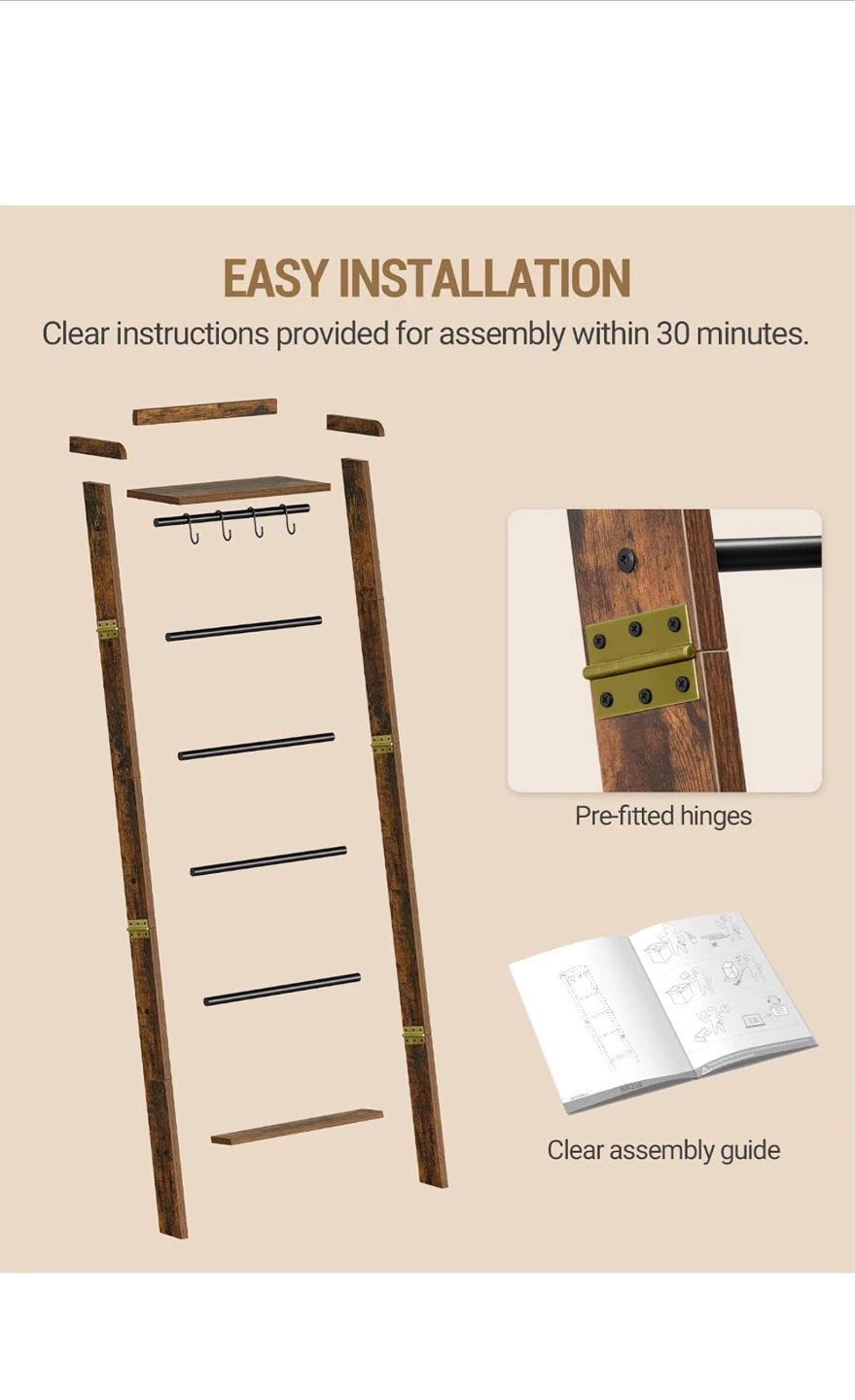 Rustic Ladder Shelf with 4 Hooks and Storage Shelf - photo 4