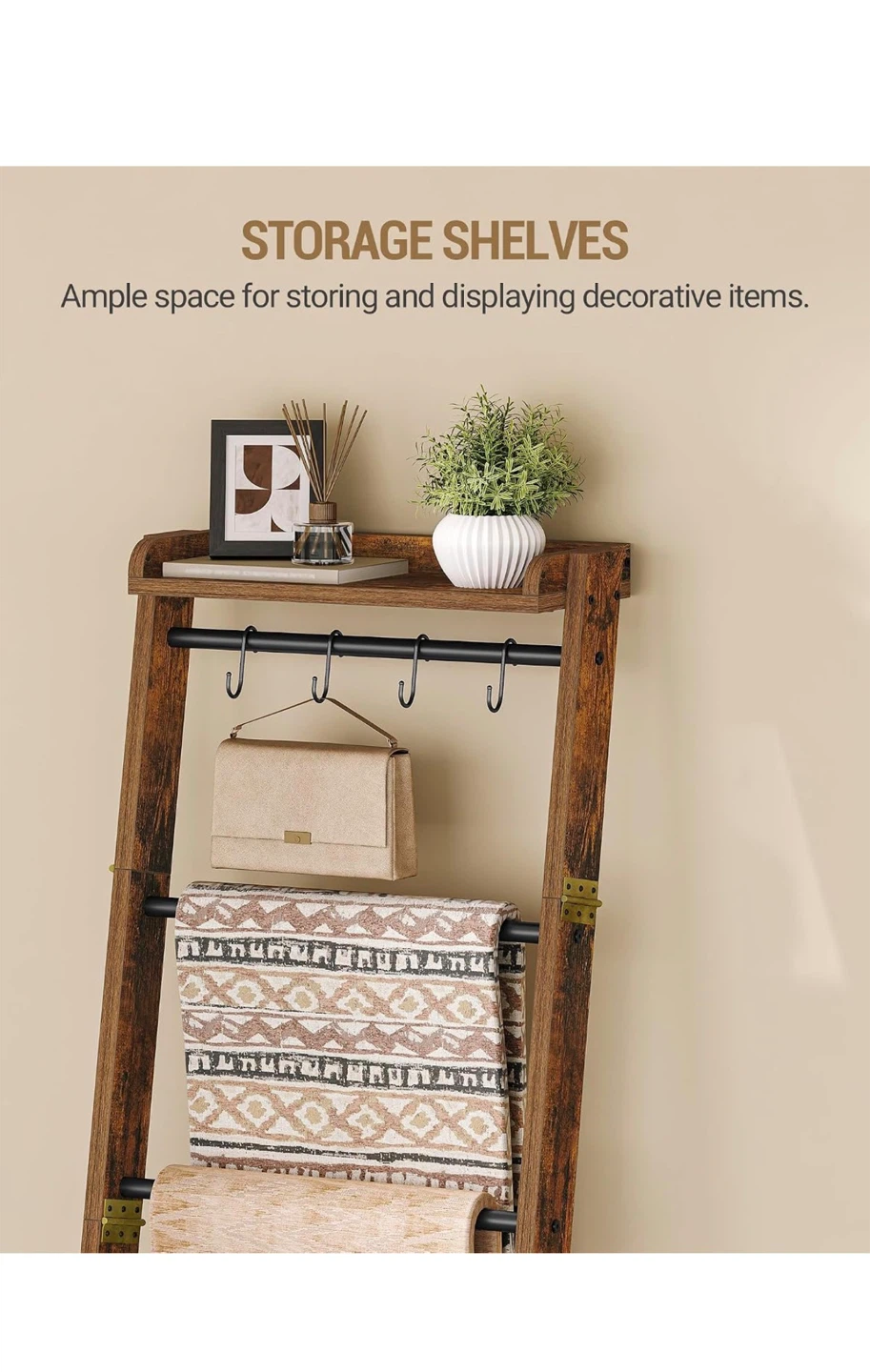 Rustic Ladder Shelf with 4 Hooks and Storage Shelf - photo 5