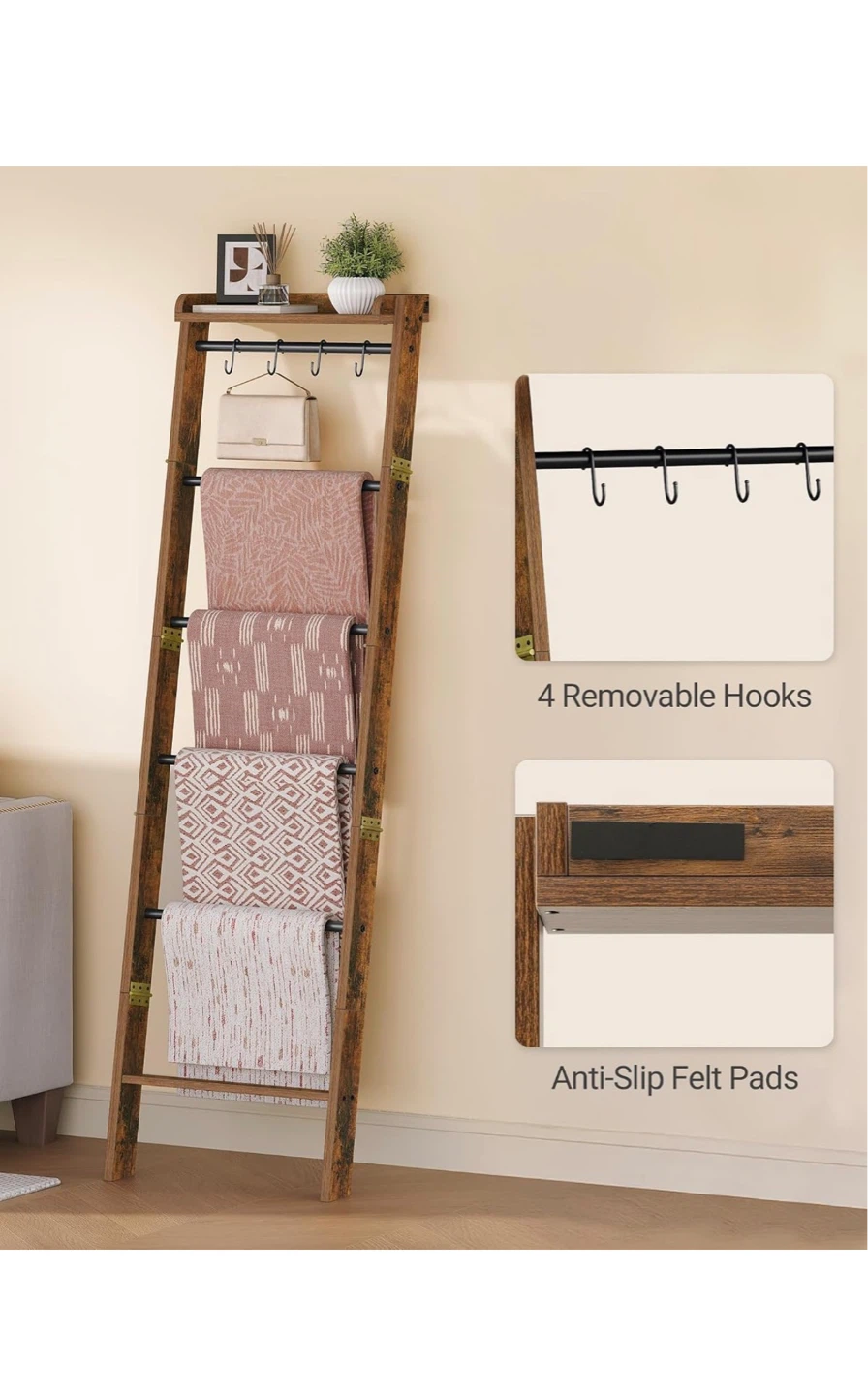 Rustic Ladder Shelf with 4 Hooks and Storage Shelf