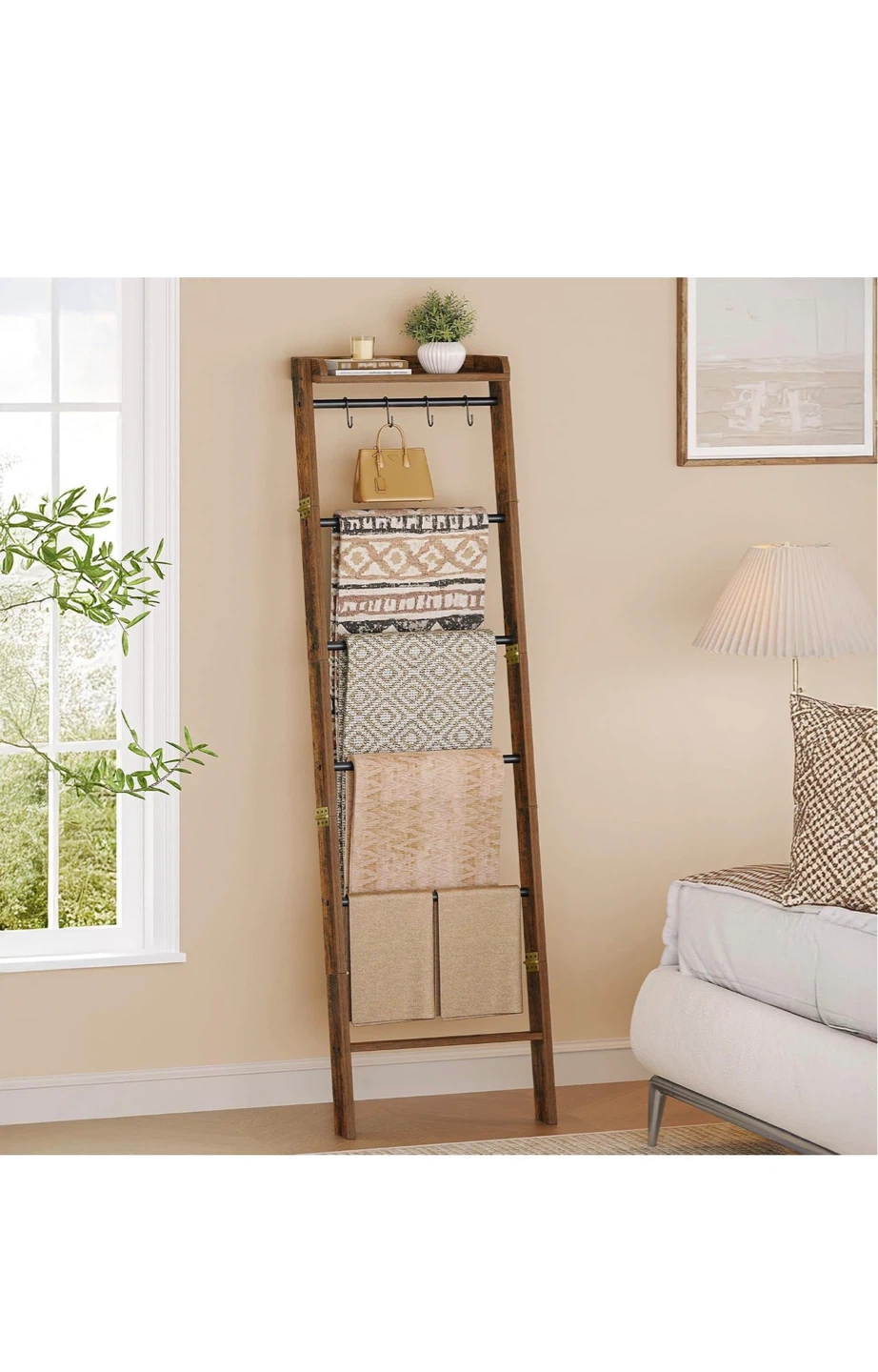 Rustic Ladder Shelf with 4 Hooks and Storage Shelf - photo 3