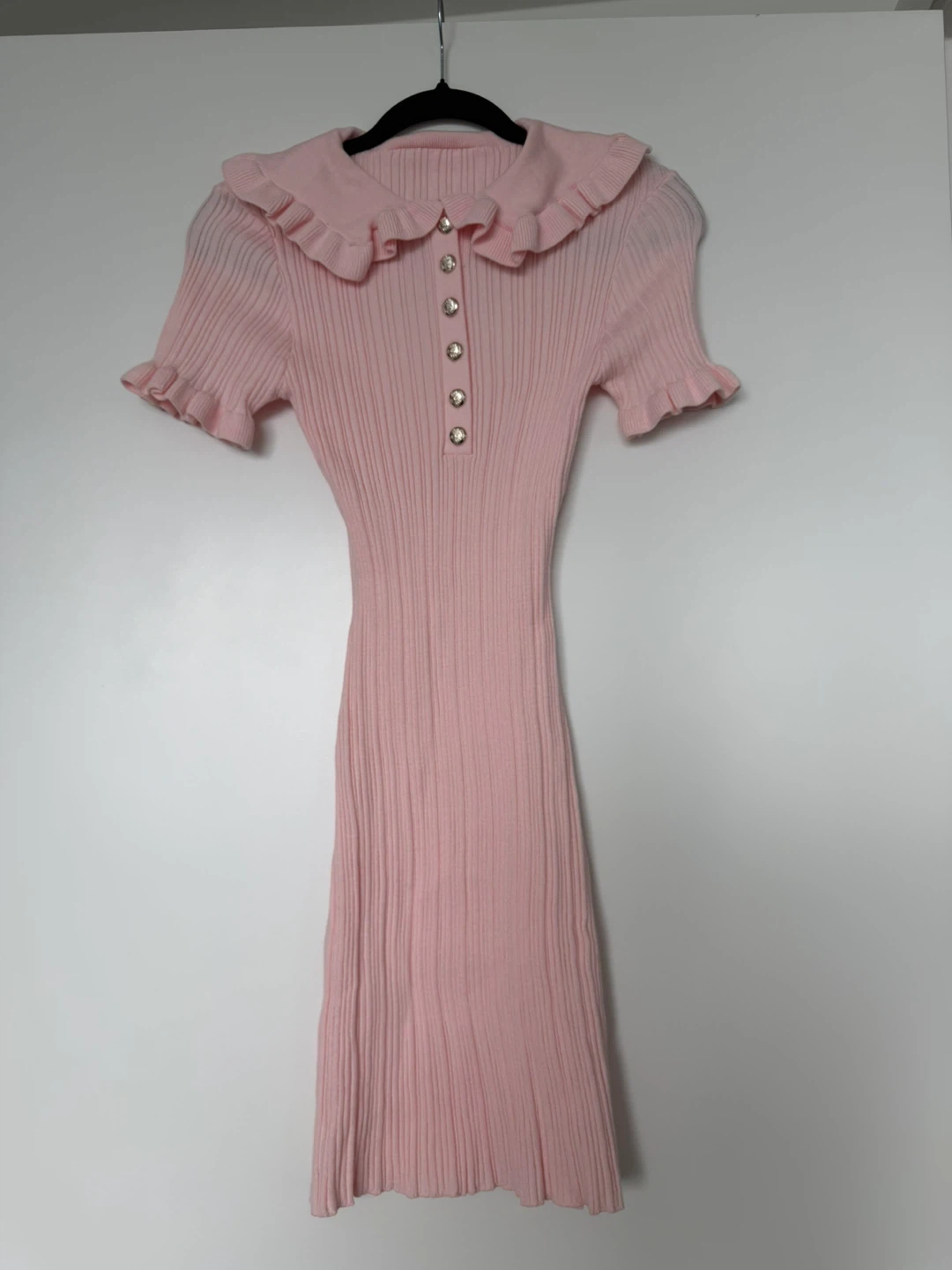 Pink Ribbed Dress with Ruffle Collar