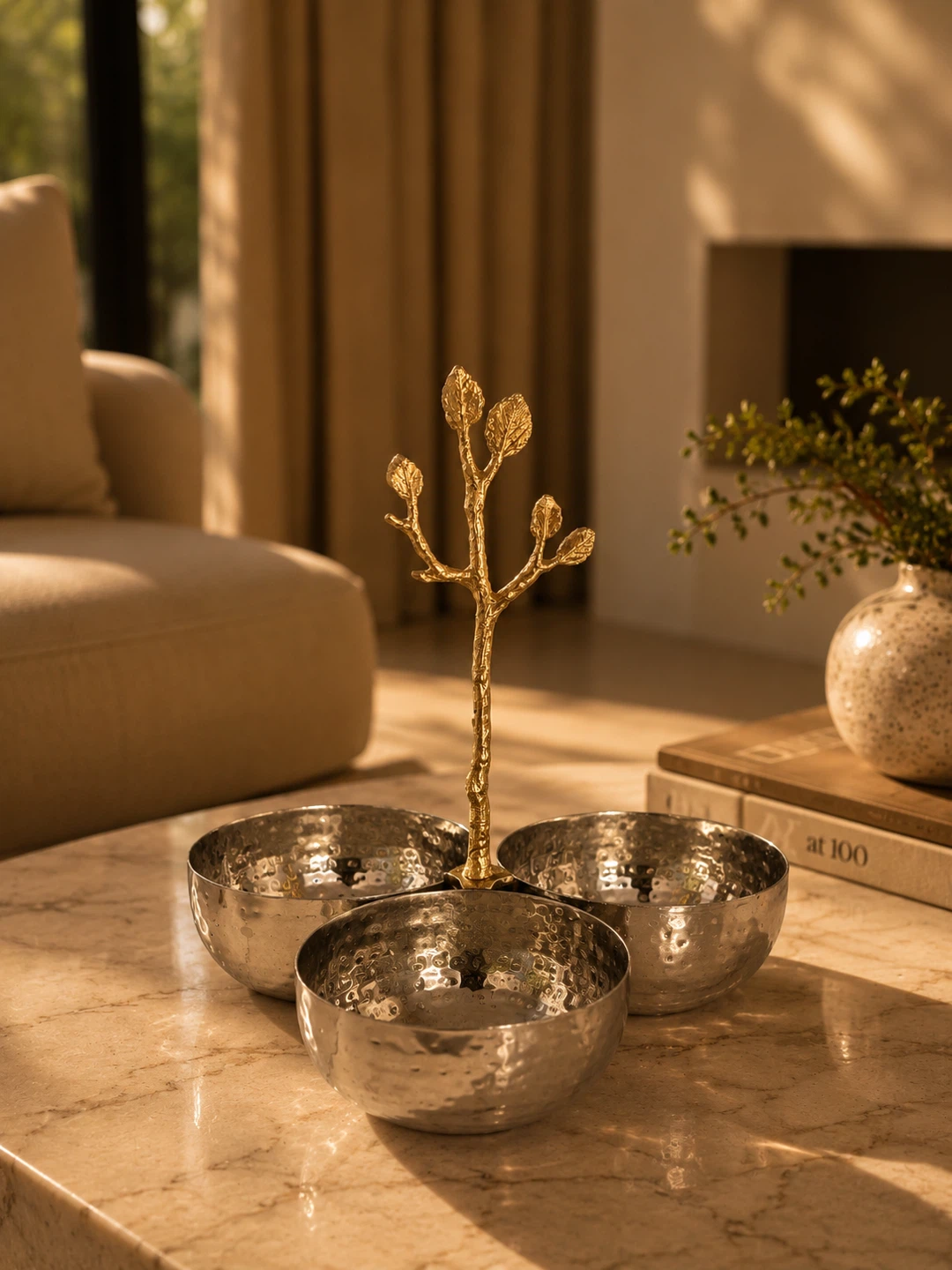 Hammered Metal Divided Server with Gold Tree Accent