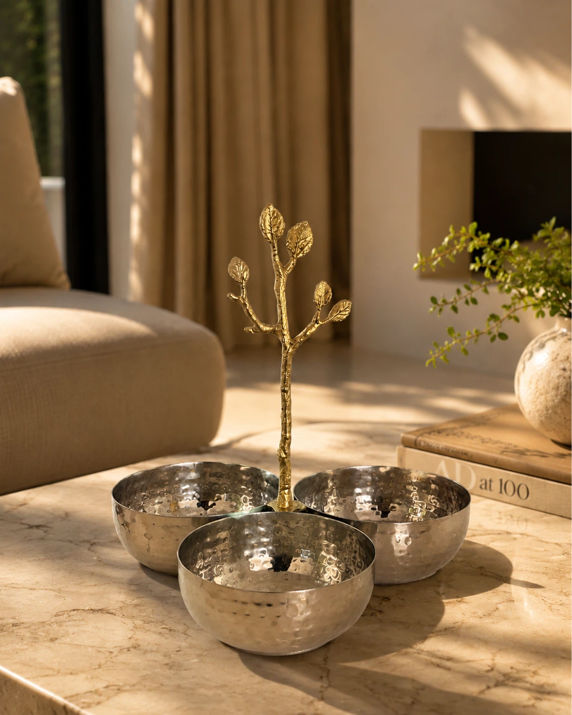 Hammered Metal Divided Server with Gold Tree Accent - photo 2