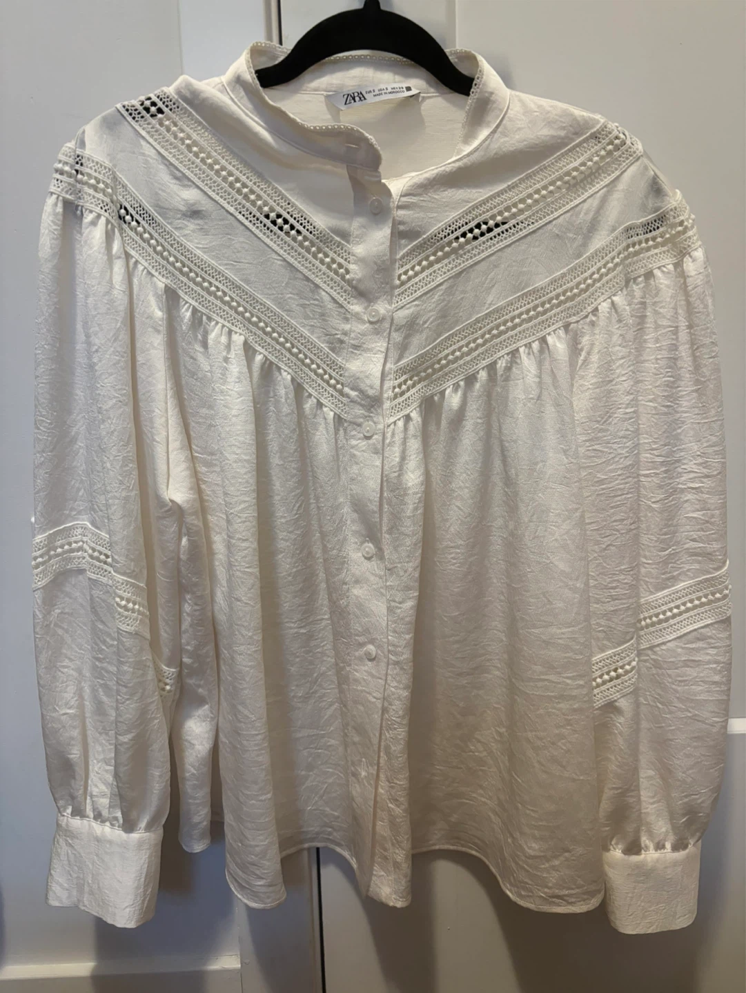 ZARA White Lace Trim Boho Blouse with Balloon Sleeves - Size S