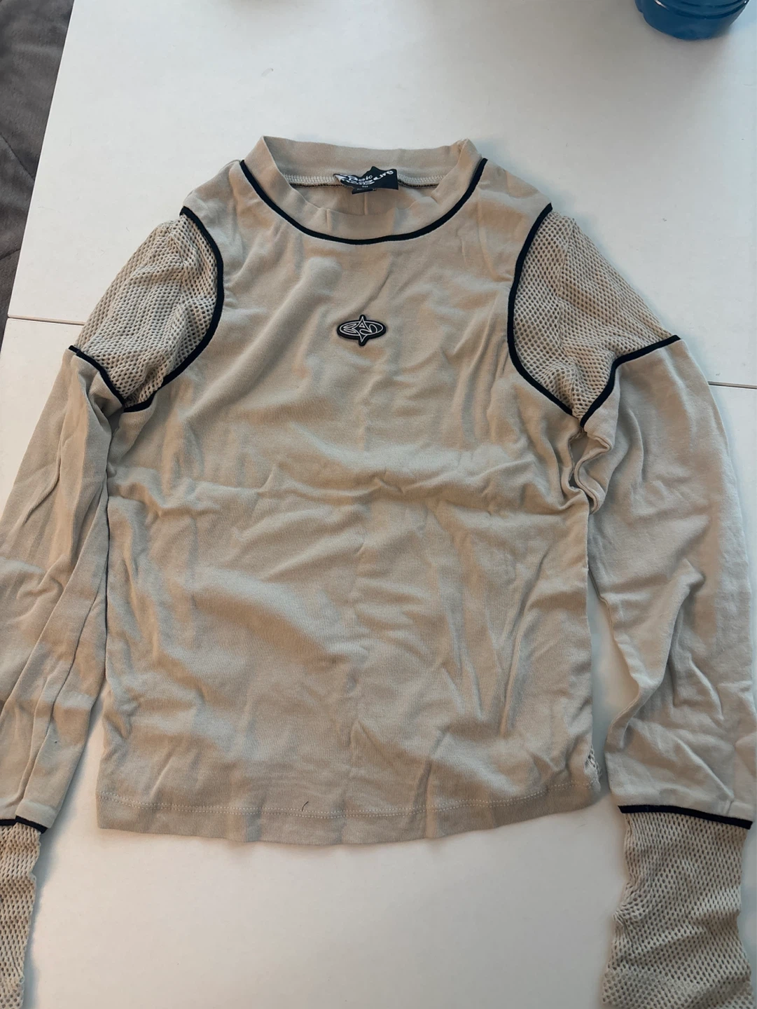 Beige Mesh Sleeve Long Sleeve Top #CLEANOUT