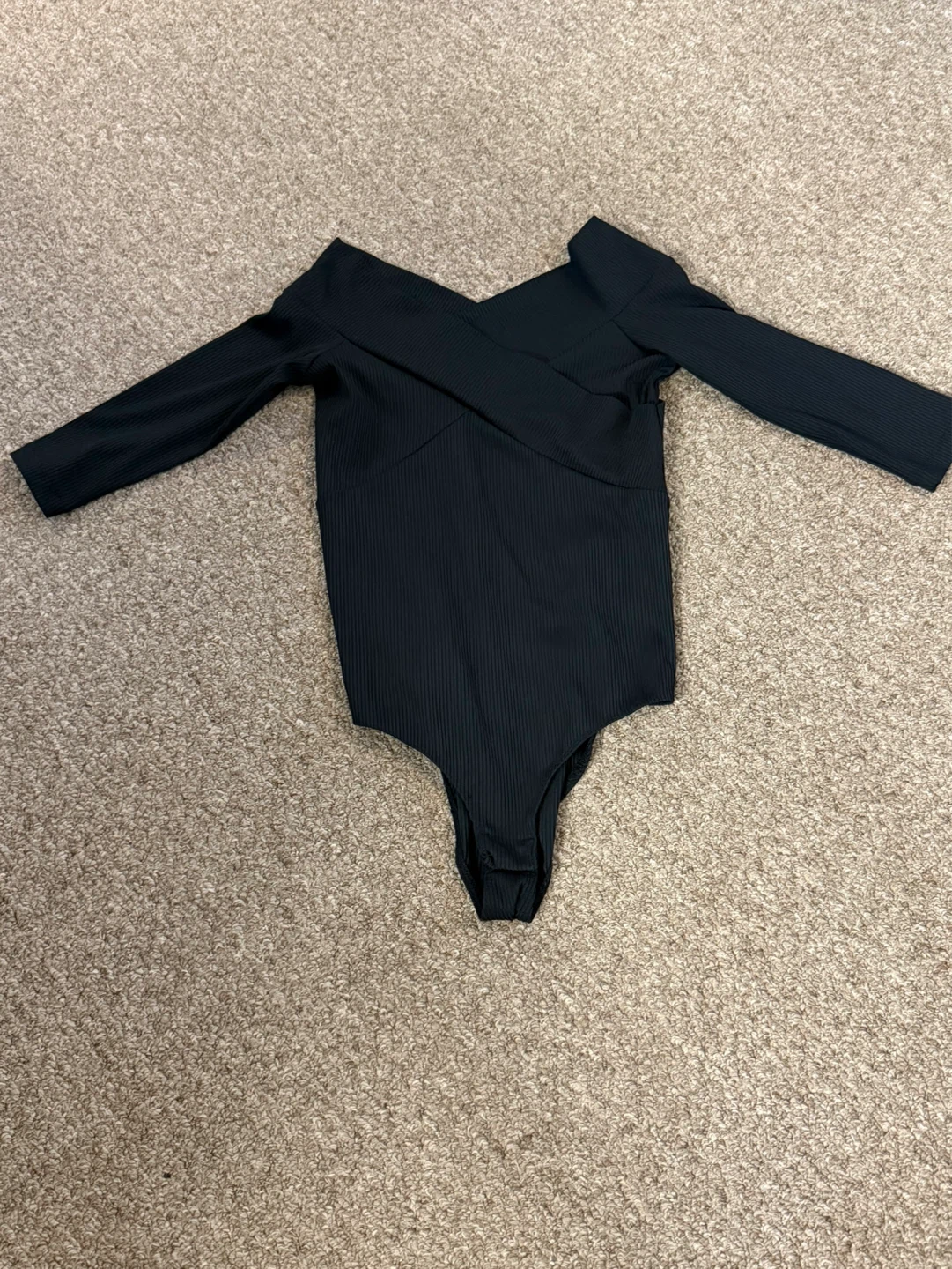 Stradivarius Black Ribbed Off-the-Shoulder Bodysuit