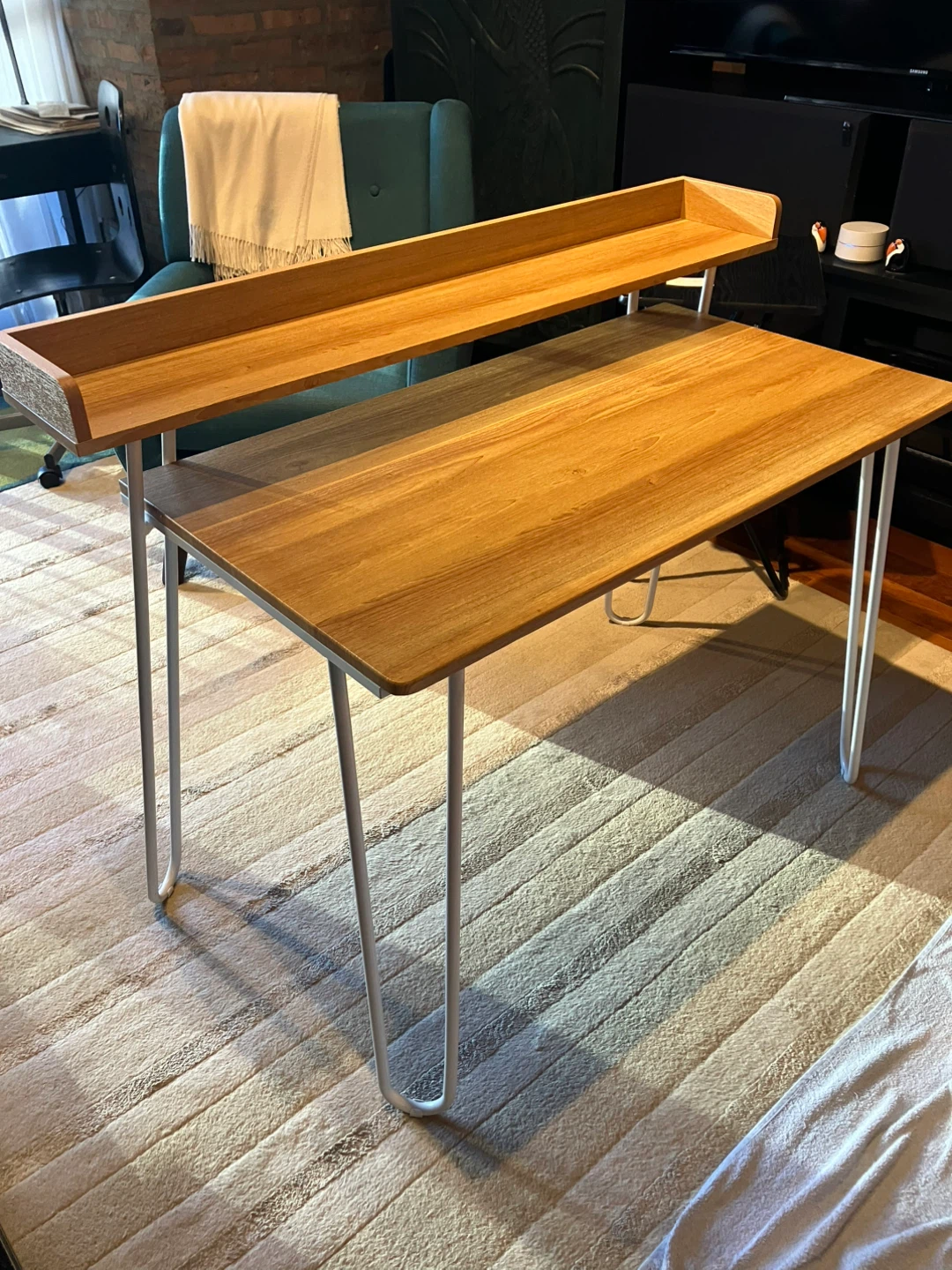 Wooden Laminate Desk with Shelf and White Legs